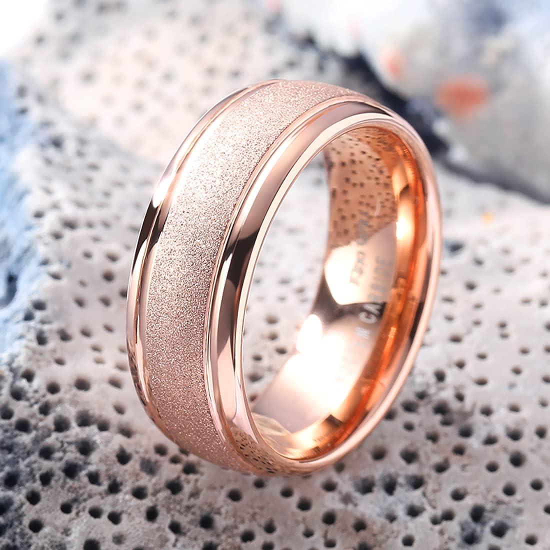 imageKing Will 8mm Mens Tungsten Wedding Band Gorgeous GoldenSilverBrown Flat Pipe Cut Carbide Ring YellowWhiteMocha Green Sand Inlay Mens Engagement Ring Matte Brushed Finish Comfort Fit Size 714Rose Gold Sandblasted8mm