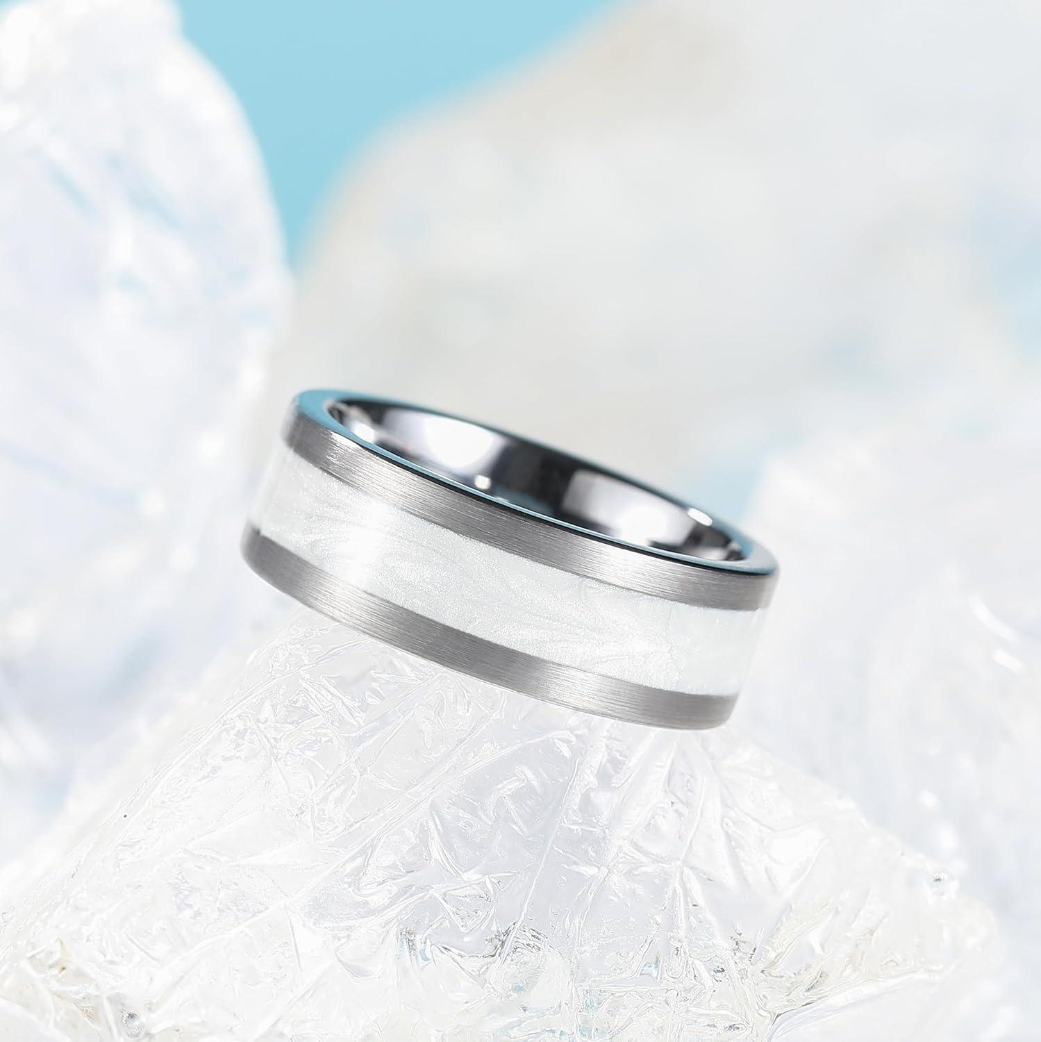 imageKing Will 8mm Mens Tungsten Wedding Band Gorgeous GoldenSilverBrown Flat Pipe Cut Carbide Ring YellowWhiteMocha Green Sand Inlay Mens Engagement Ring Matte Brushed Finish Comfort Fit Size 714Silver