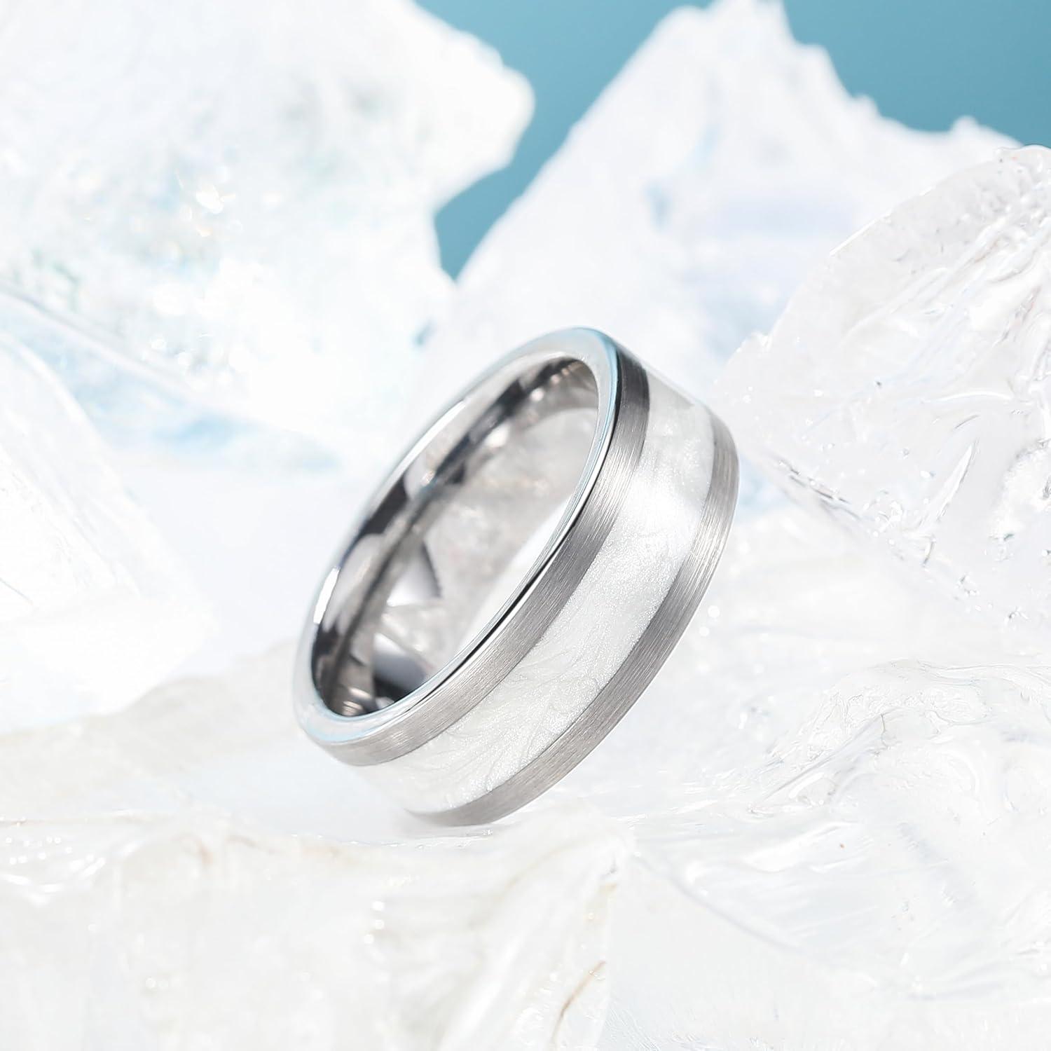 imageKing Will 8mm Mens Tungsten Wedding Band Gorgeous GoldenSilverBrown Flat Pipe Cut Carbide Ring YellowWhiteMocha Green Sand Inlay Mens Engagement Ring Matte Brushed Finish Comfort Fit Size 714Silver