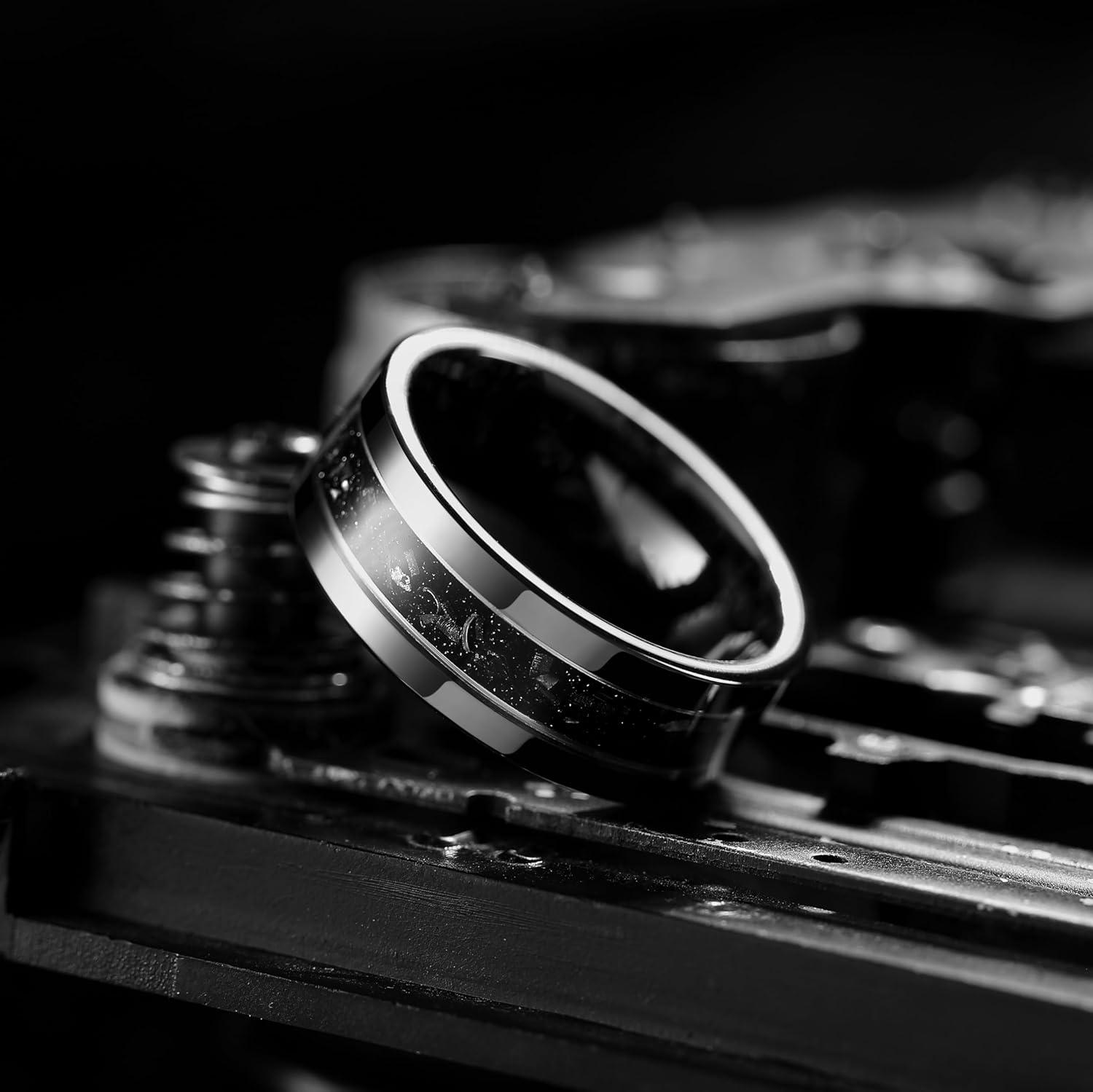 imageKing Will 8mm Mens Tungsten Wedding Band Gorgeous GoldenSilverBrown Flat Pipe Cut Carbide Ring YellowWhiteMocha Green Sand Inlay Mens Engagement Ring Matte Brushed Finish Comfort Fit Size 714GunmetalMeteorite Inlay