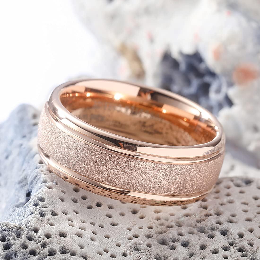 imageKing Will 8mm Mens Tungsten Wedding Band Gorgeous GoldenSilverBrown Flat Pipe Cut Carbide Ring YellowWhiteMocha Green Sand Inlay Mens Engagement Ring Matte Brushed Finish Comfort Fit Size 714Rose Gold Sandblasted8mm