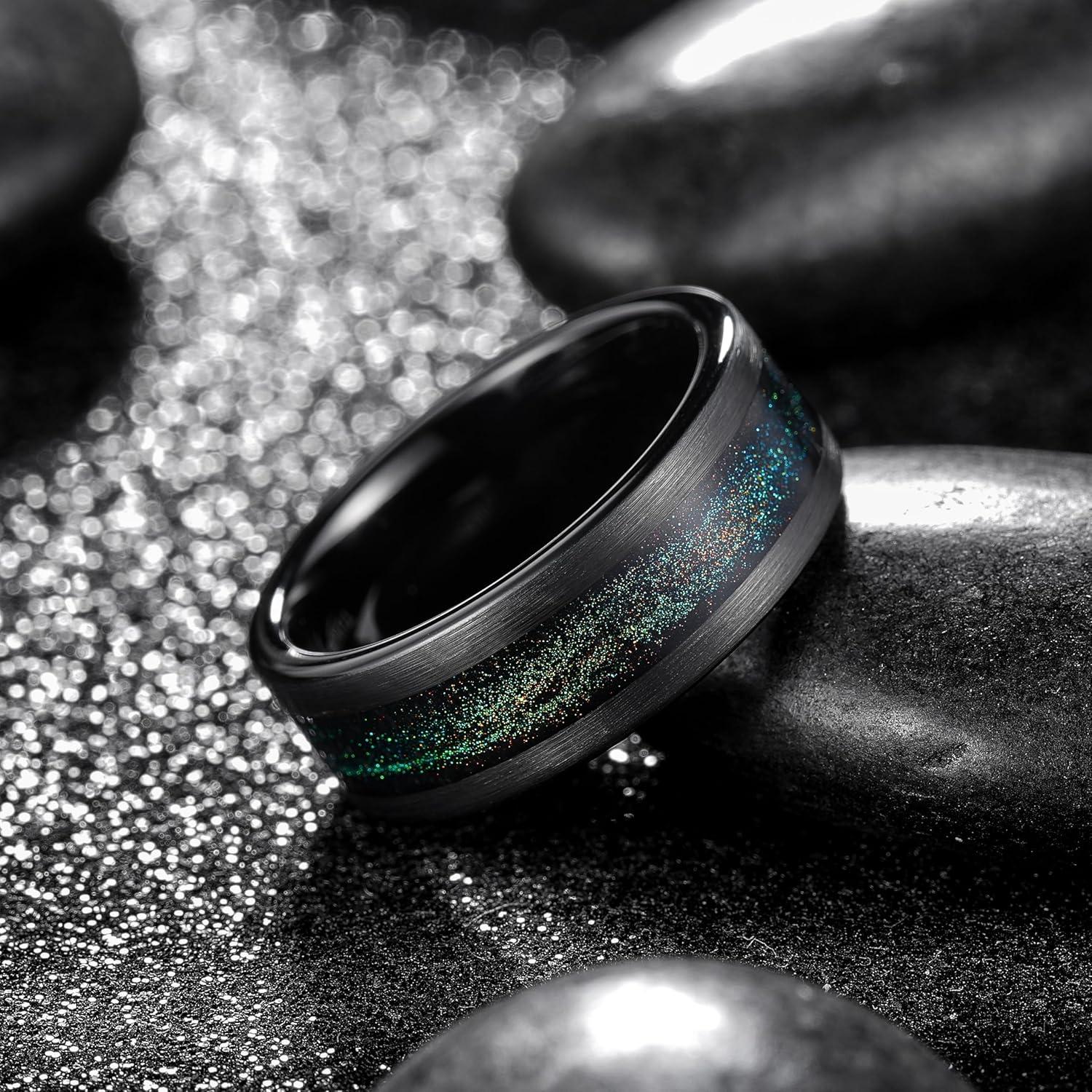 imageKing Will 8mm Mens Tungsten Wedding Band Gorgeous GoldenSilverBrown Flat Pipe Cut Carbide Ring YellowWhiteMocha Green Sand Inlay Mens Engagement Ring Matte Brushed Finish Comfort Fit Size 714BlackGreen Orange Sand Inlay