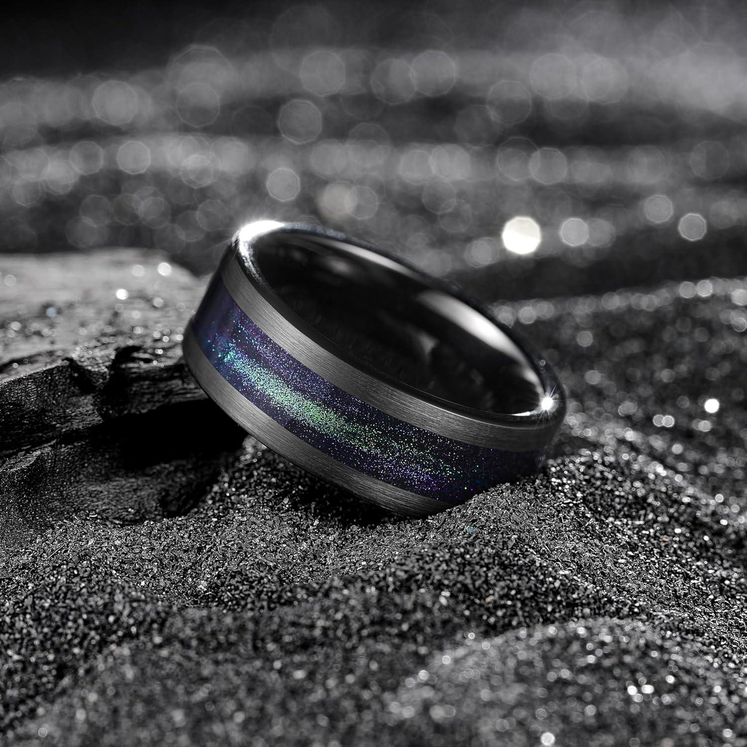 imageKing Will 8mm Mens Tungsten Wedding Band Gorgeous GoldenSilverBrown Flat Pipe Cut Carbide Ring YellowWhiteMocha Green Sand Inlay Mens Engagement Ring Matte Brushed Finish Comfort Fit Size 714BlackPurple Blue Green Sand Inlay