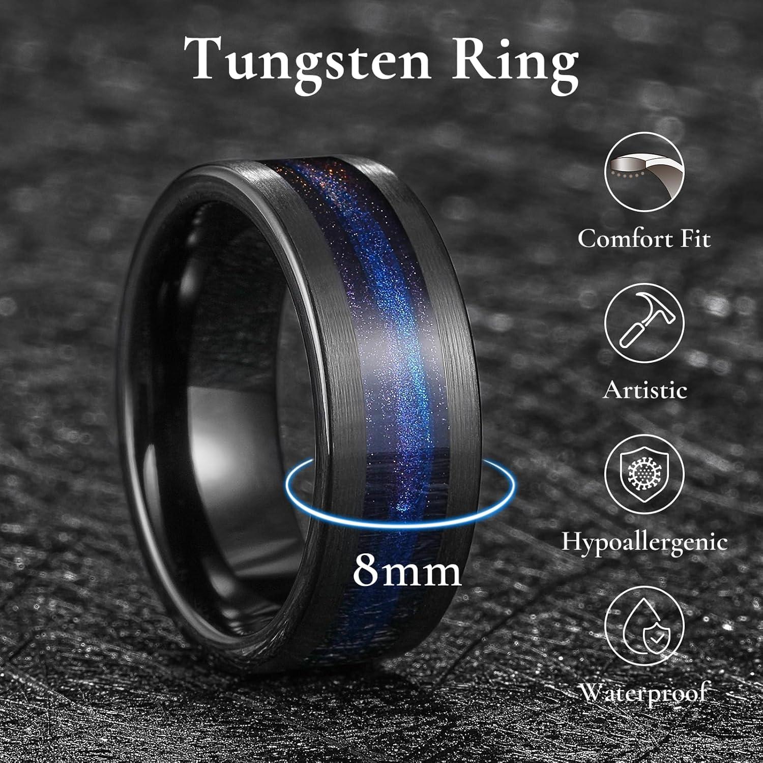 imageKing Will 8mm Mens Tungsten Wedding Band Gorgeous GoldenSilverBrown Flat Pipe Cut Carbide Ring YellowWhiteMocha Green Sand Inlay Mens Engagement Ring Matte Brushed Finish Comfort Fit Size 714BlackPurple Blue Sand Inlay