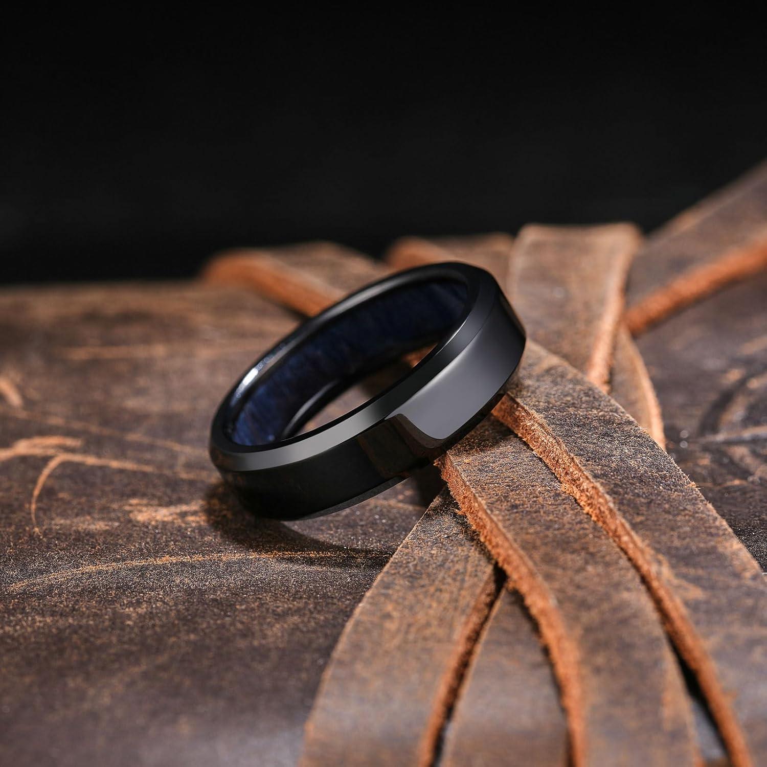 imageKing Will 8mm Silver Black Titanium Ring Inlaid Wood Inner Hole Wedding Band for Men High Polished Beveled Edge Comfort Fit Size 714Black 6mm Blue Maple Wood