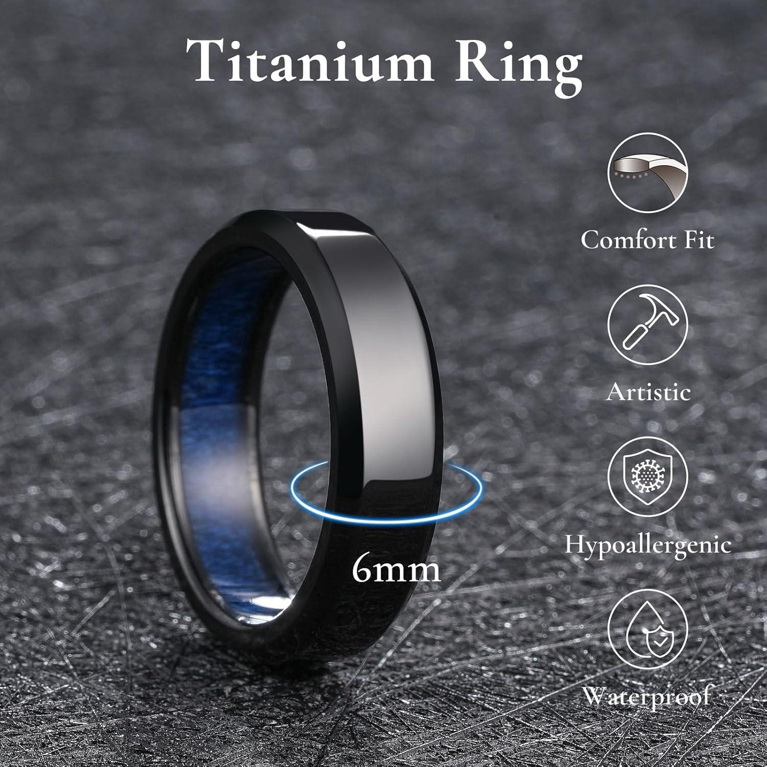 imageKing Will 8mm Silver Black Titanium Ring Inlaid Wood Inner Hole Wedding Band for Men High Polished Beveled Edge Comfort Fit Size 714Black 6mm Blue Maple Wood