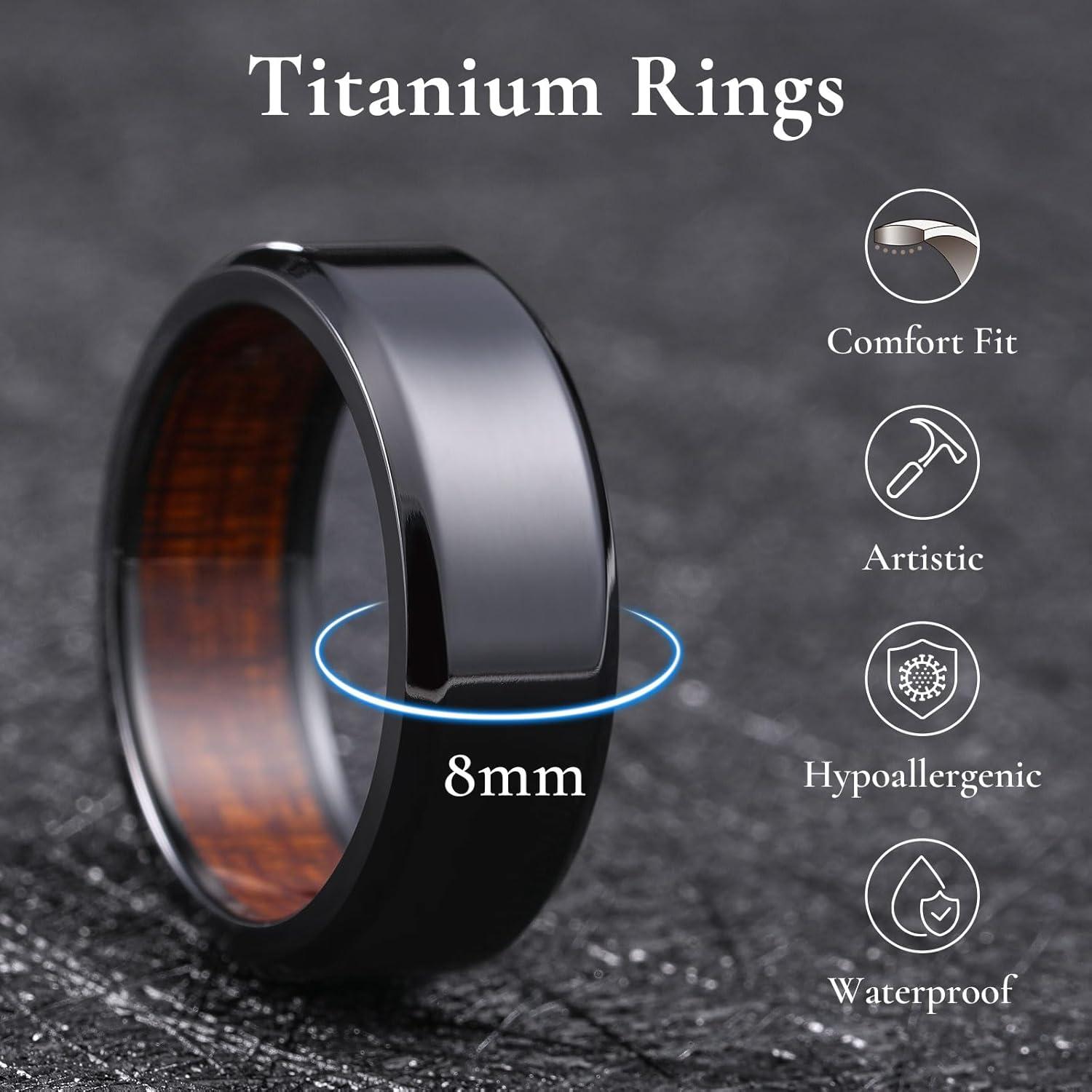 imageKing Will 8mm Silver Black Titanium Ring Inlaid Wood Inner Hole Wedding Band for Men High Polished Beveled Edge Comfort Fit Size 714Black 8mm