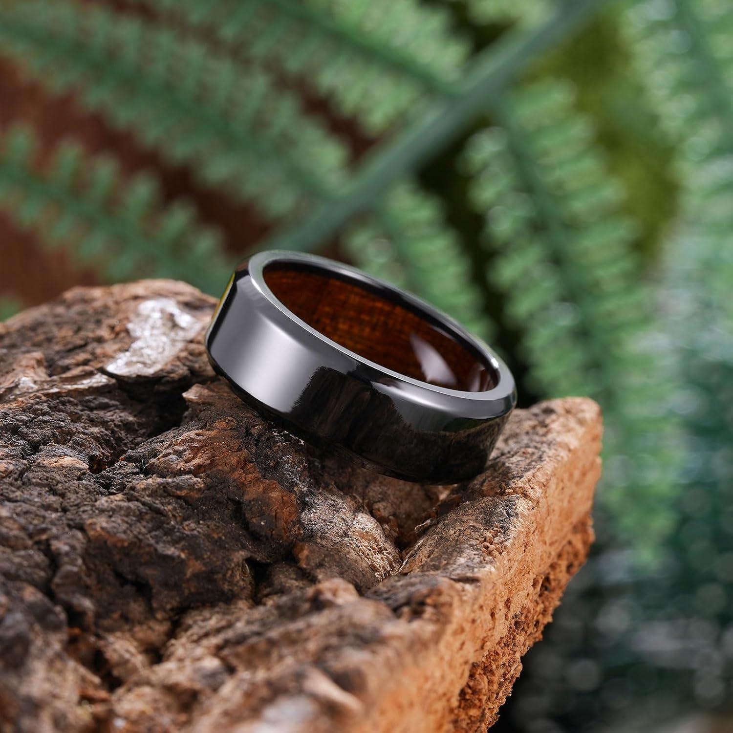 imageKing Will 8mm Silver Black Titanium Ring Inlaid Wood Inner Hole Wedding Band for Men High Polished Beveled Edge Comfort Fit Size 714Black 8mm