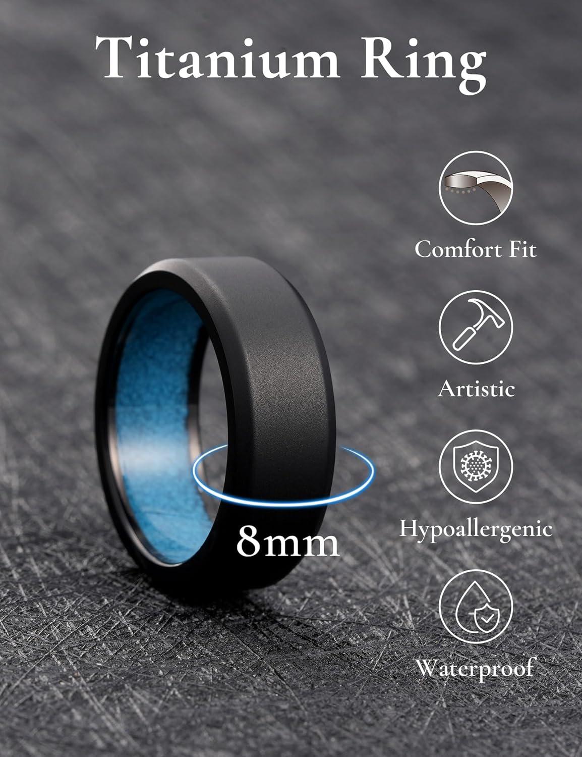 imageKing Will 8mm Silver Black Titanium Ring Inlaid Wood Inner Hole Wedding Band for Men High Polished Beveled Edge Comfort Fit Size 714Black 8mm Blue Crushed Stone