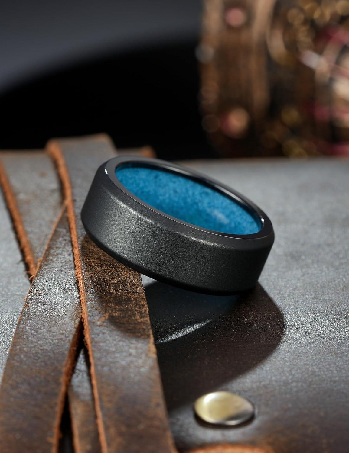 imageKing Will 8mm Silver Black Titanium Ring Inlaid Wood Inner Hole Wedding Band for Men High Polished Beveled Edge Comfort Fit Size 714Black 8mm Blue Crushed Stone