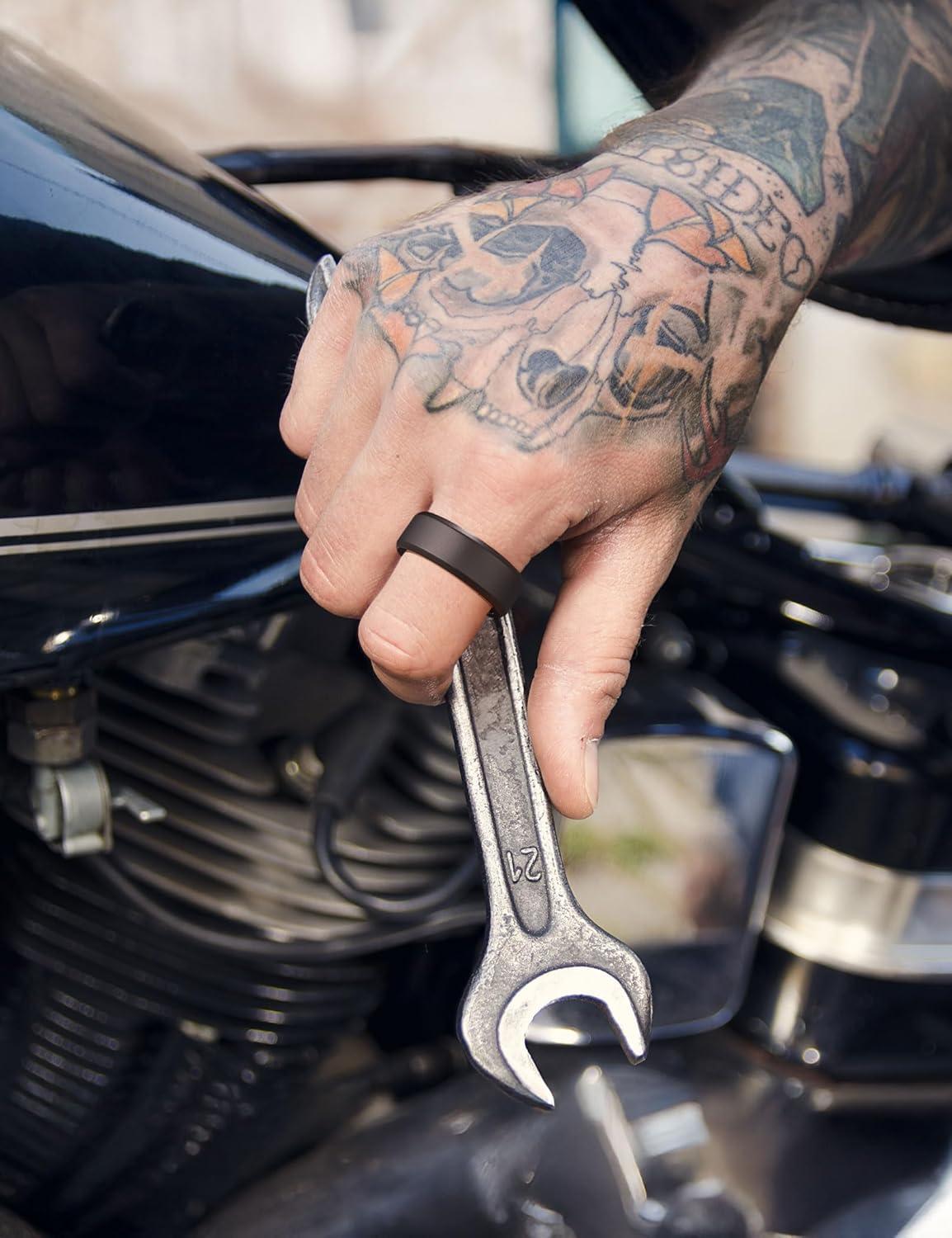 imageKing Will 8mm Silver Black Titanium Ring Inlaid Wood Inner Hole Wedding Band for Men High Polished Beveled Edge Comfort Fit Size 714Black 8mm Blue Crushed Stone