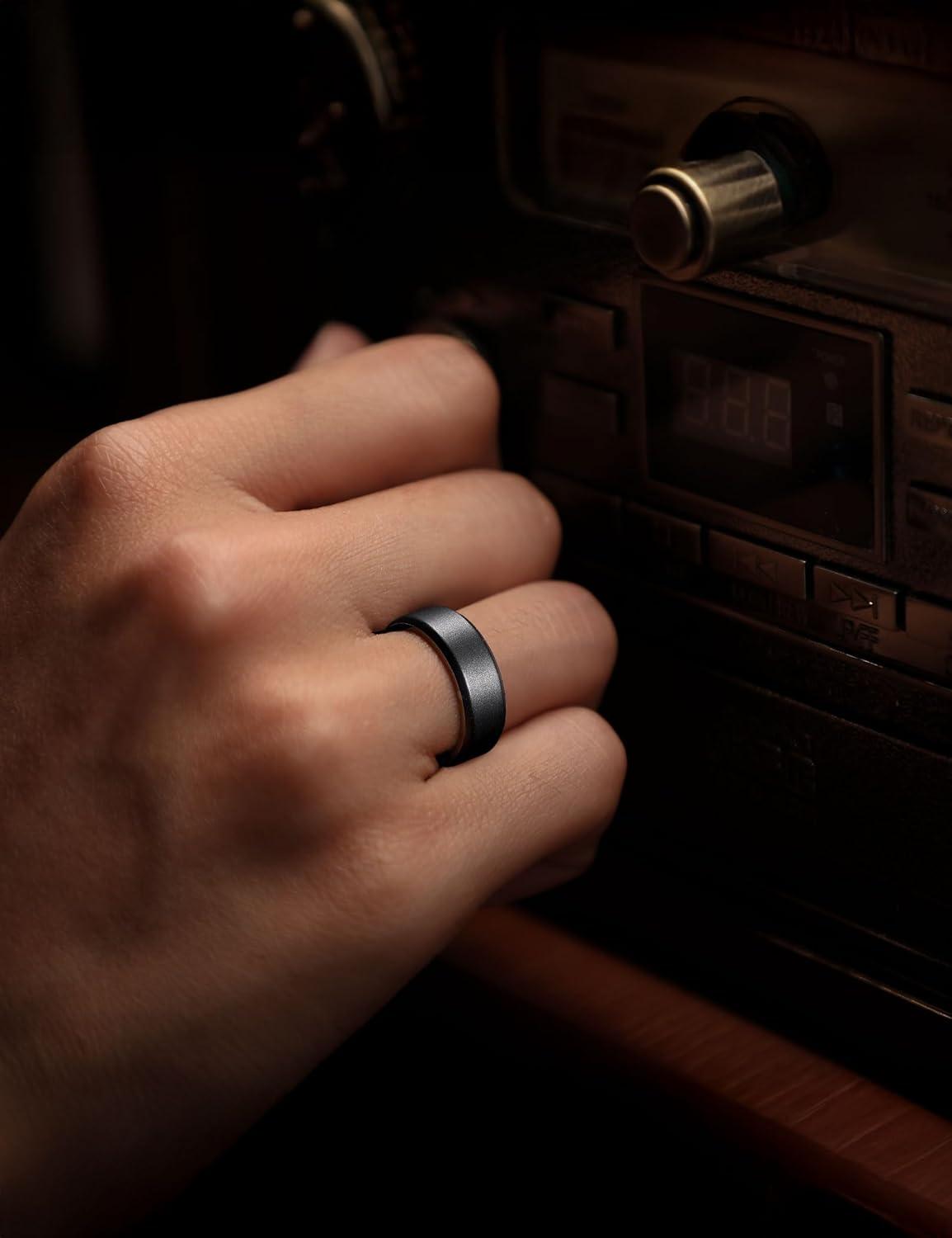 imageKing Will 8mm Silver Black Titanium Ring Inlaid Wood Inner Hole Wedding Band for Men High Polished Beveled Edge Comfort Fit Size 714Black 8mm Green Crushed Opal