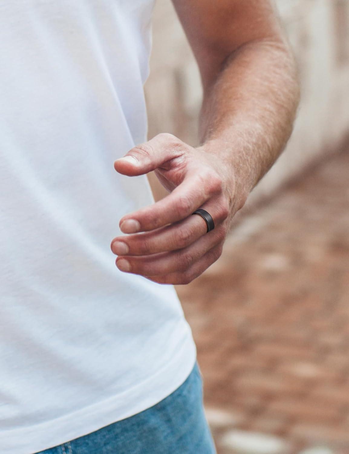 imageKing Will 8mm Silver Black Titanium Ring Inlaid Wood Inner Hole Wedding Band for Men High Polished Beveled Edge Comfort Fit Size 714Black 8mm Green Crushed Opal