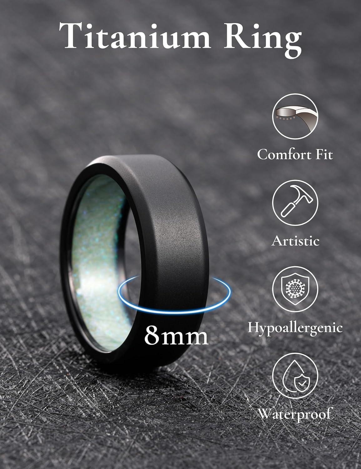imageKing Will 8mm Silver Black Titanium Ring Inlaid Wood Inner Hole Wedding Band for Men High Polished Beveled Edge Comfort Fit Size 714Black 8mm Green Crushed Opal