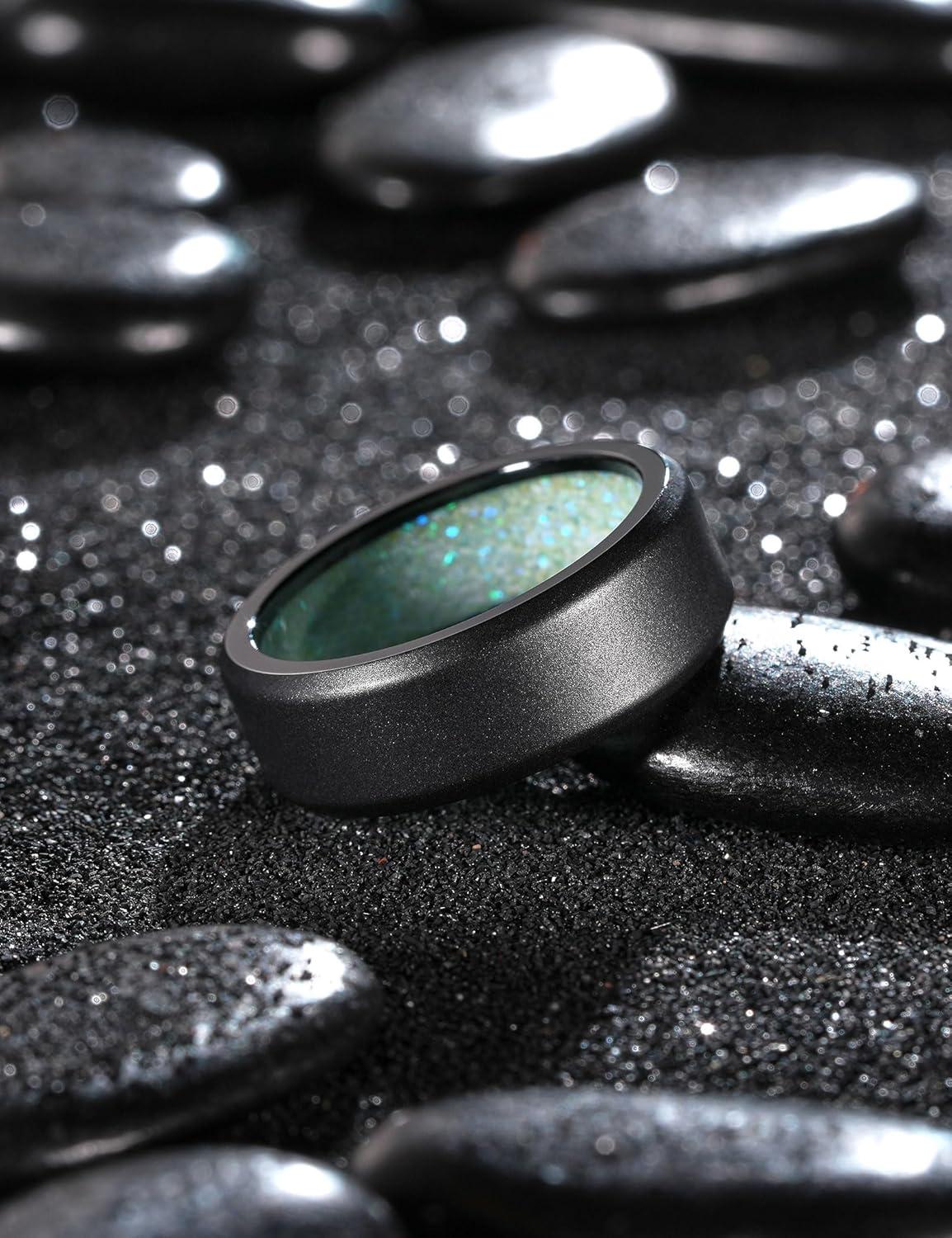 imageKing Will 8mm Silver Black Titanium Ring Inlaid Wood Inner Hole Wedding Band for Men High Polished Beveled Edge Comfort Fit Size 714Black 8mm Green Crushed Opal