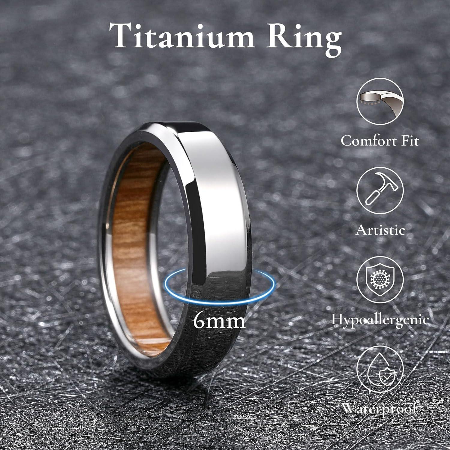 imageKing Will 8mm Silver Black Titanium Ring Inlaid Wood Inner Hole Wedding Band for Men High Polished Beveled Edge Comfort Fit Size 714Silver 6mm Raw Wood