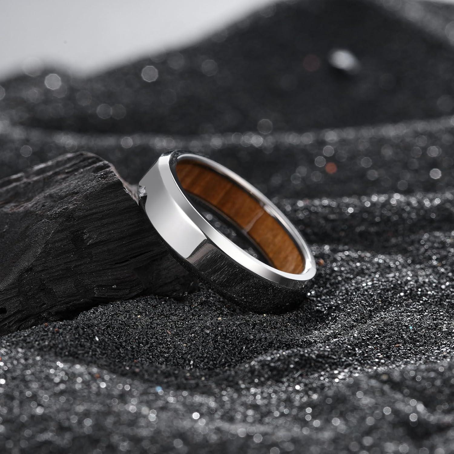 imageKing Will 8mm Silver Black Titanium Ring Inlaid Wood Inner Hole Wedding Band for Men High Polished Beveled Edge Comfort Fit Size 714Silver 6mm Raw Wood