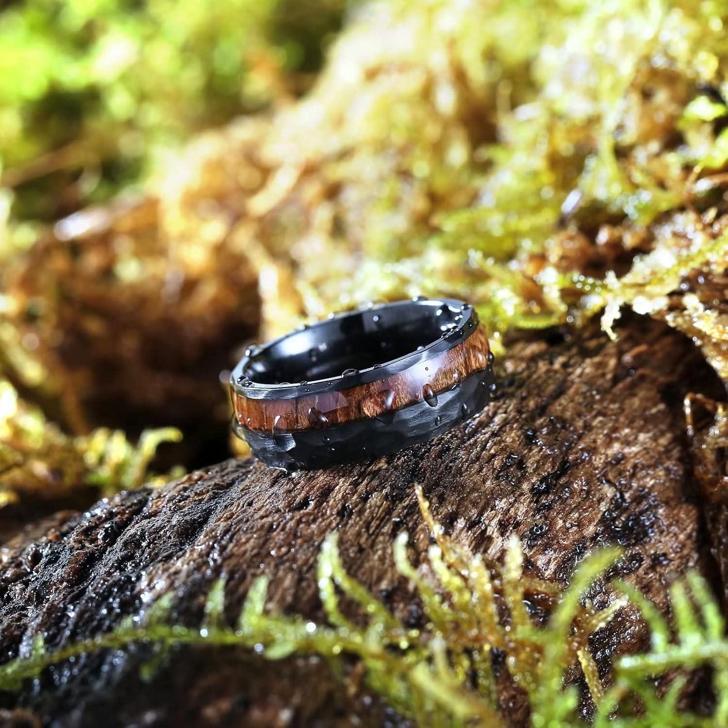 imageKing Will 8mm Silver Hammered Titanium Ring Center Inlaid Wood Wedding Band for Men Hammered Wood Titanium Rings Polish Comfort Fit8mm Black Hammered Wood