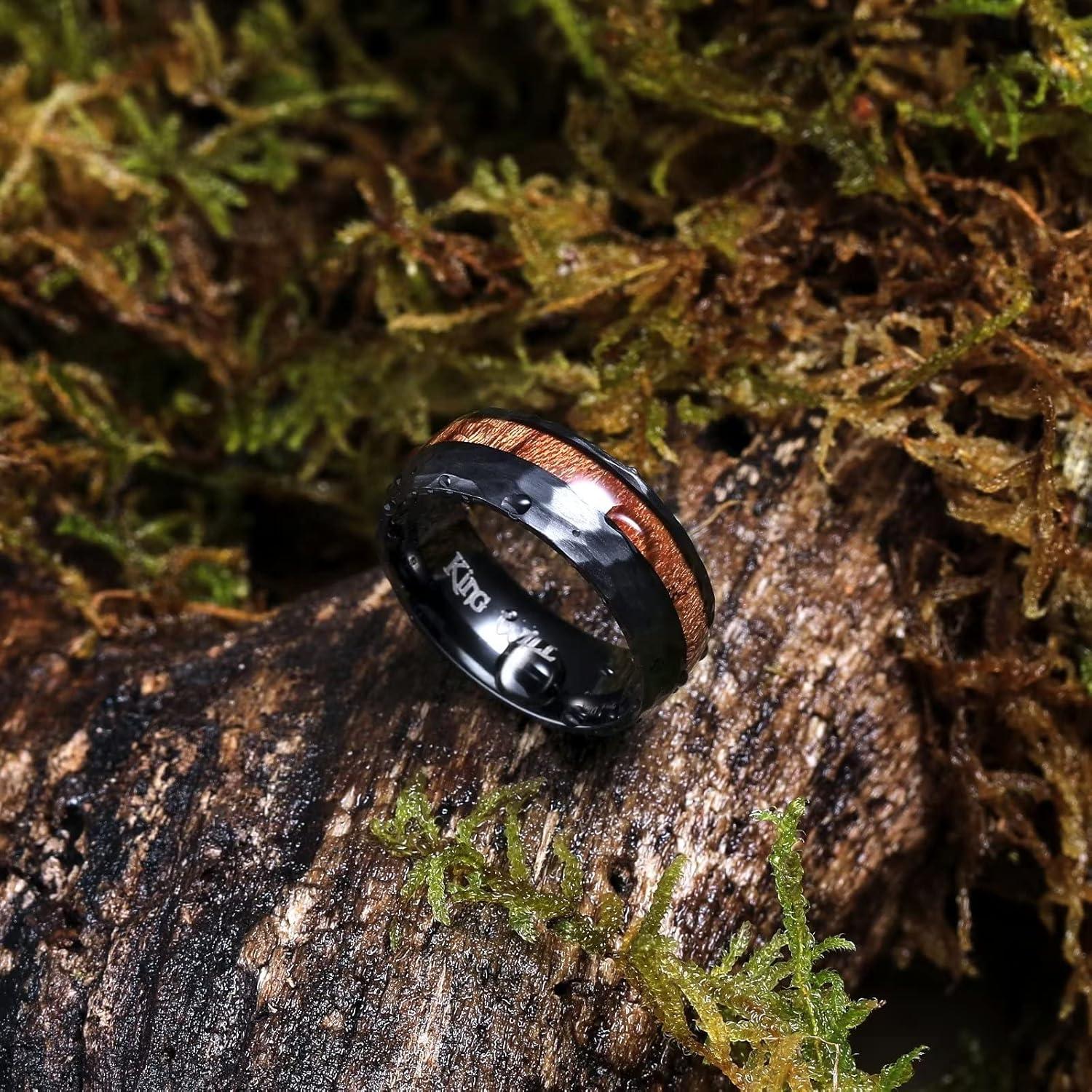 imageKing Will 8mm Silver Hammered Titanium Ring Center Inlaid Wood Wedding Band for Men Hammered Wood Titanium Rings Polish Comfort Fit8mm Black Hammered Wood