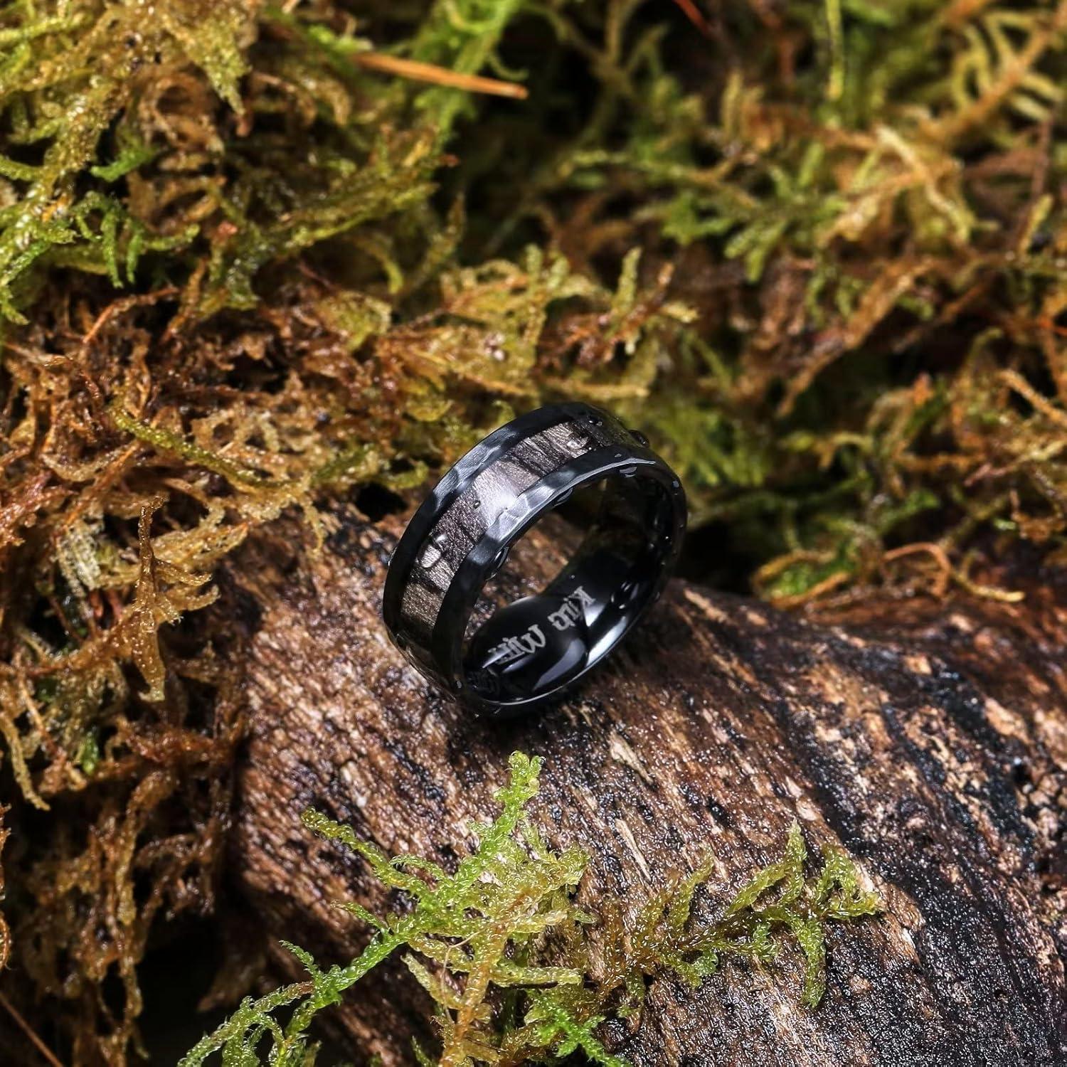 imageKing Will 8mm Silver Hammered Titanium Ring Center Inlaid Wood Wedding Band for Men Hammered Wood Titanium Rings Polish Comfort Fit8mm Black Inlaid Wood