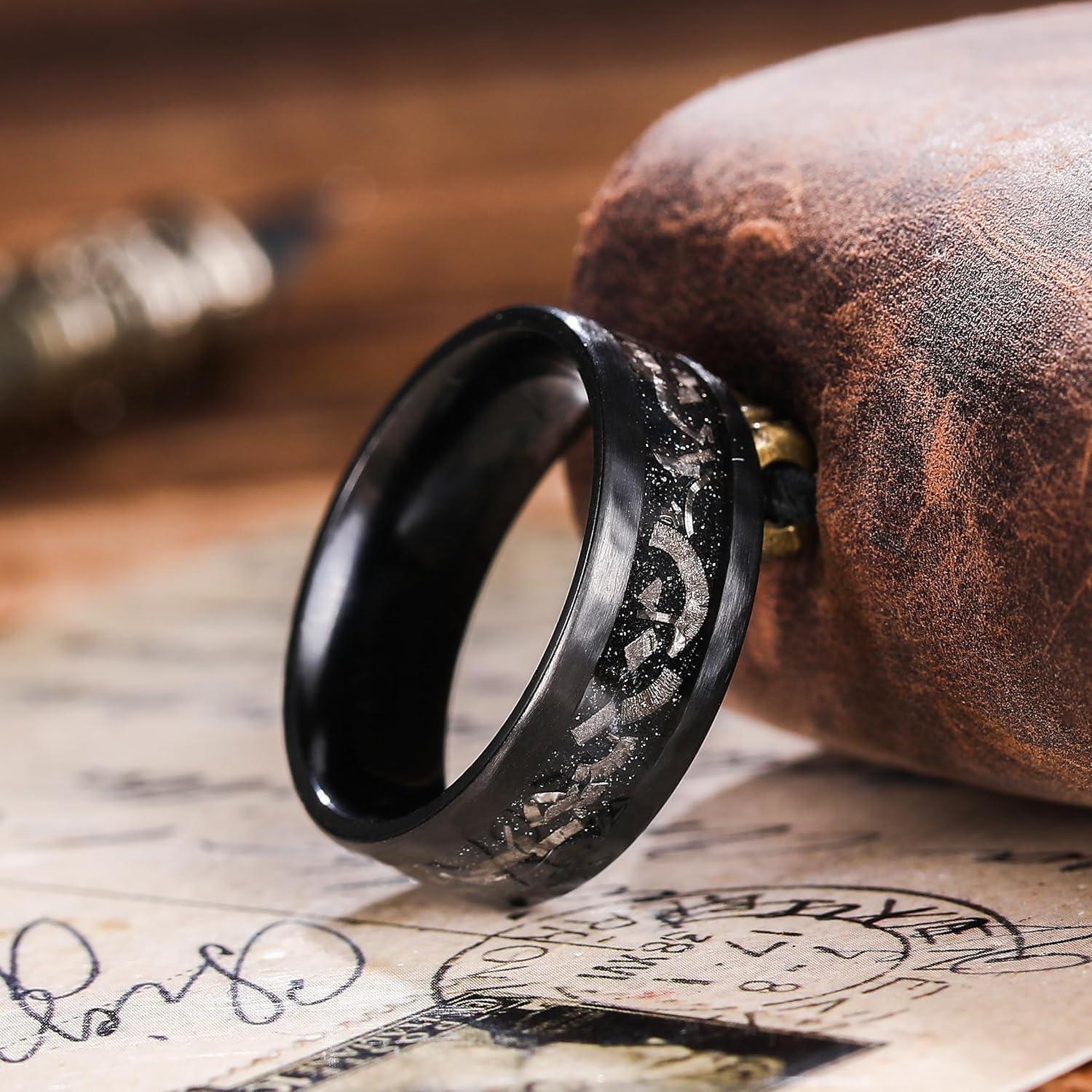 imageKing Will 8mm Silver Hammered Titanium Ring Center Inlaid Wood Wedding Band for Men Hammered Wood Titanium Rings Polish Comfort Fit8mm Black Plated Hammered