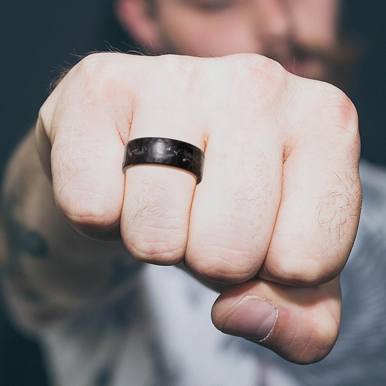 imageKing Will 8mm Silver Hammered Titanium Ring Center Inlaid Wood Wedding Band for Men Hammered Wood Titanium Rings Polish Comfort Fit8mm Black Plated Hammered