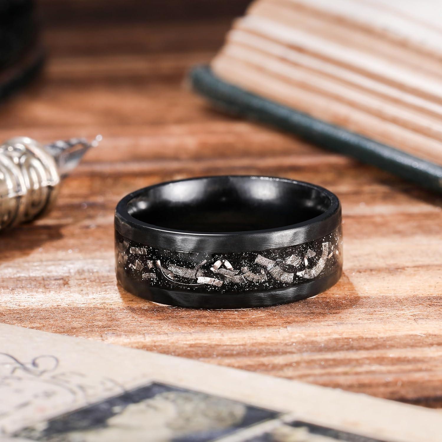 imageKing Will 8mm Silver Hammered Titanium Ring Center Inlaid Wood Wedding Band for Men Hammered Wood Titanium Rings Polish Comfort Fit8mm Black Plated Hammered