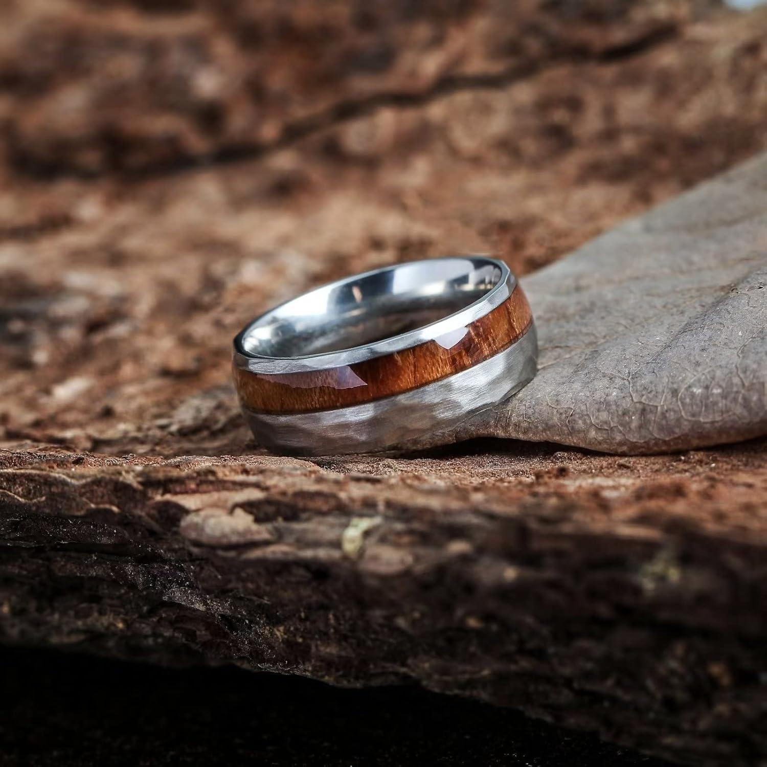 imageKing Will 8mm Silver Hammered Titanium Ring Center Inlaid Wood Wedding Band for Men Hammered Wood Titanium Rings Polish Comfort Fit8mm Steel Hammered Wood