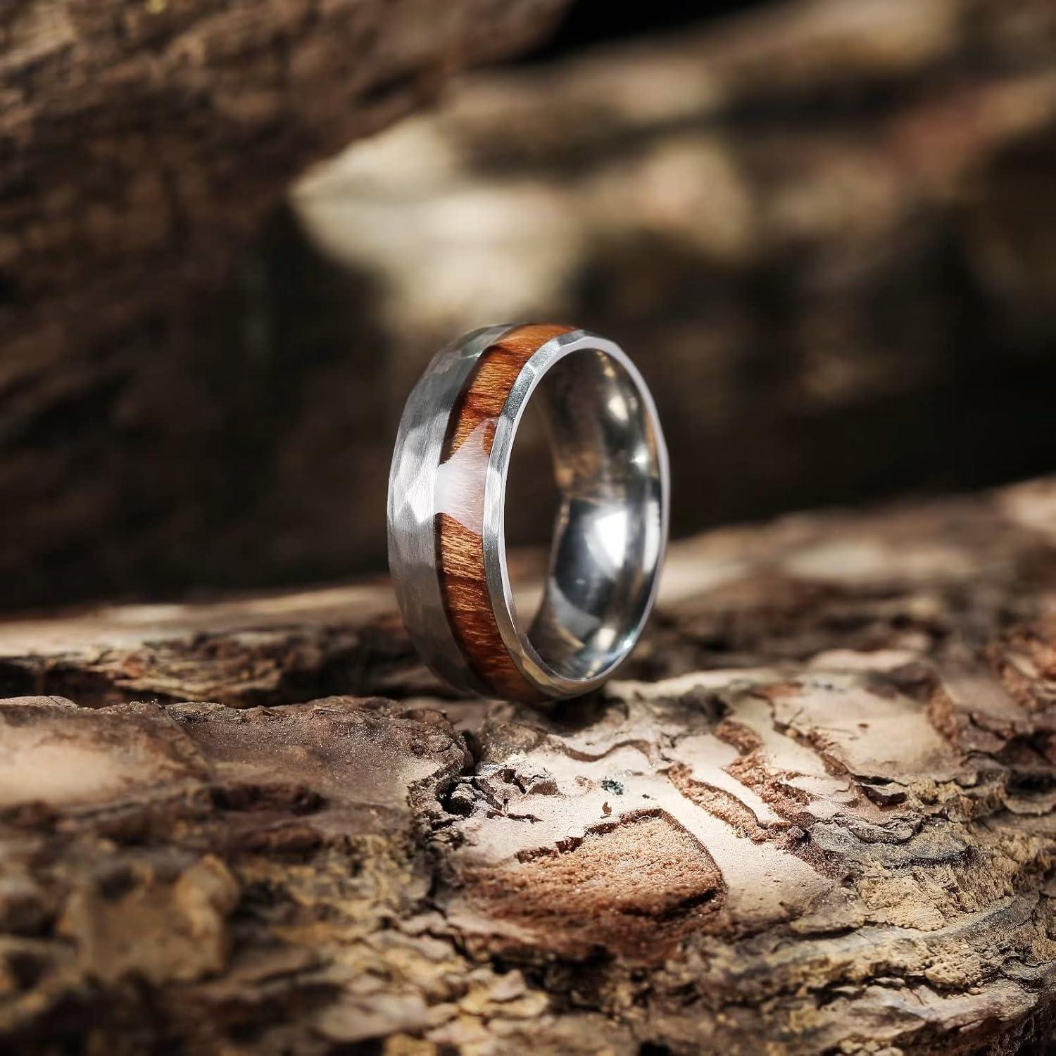 imageKing Will 8mm Silver Hammered Titanium Ring Center Inlaid Wood Wedding Band for Men Hammered Wood Titanium Rings Polish Comfort Fit8mm Steel Hammered Wood