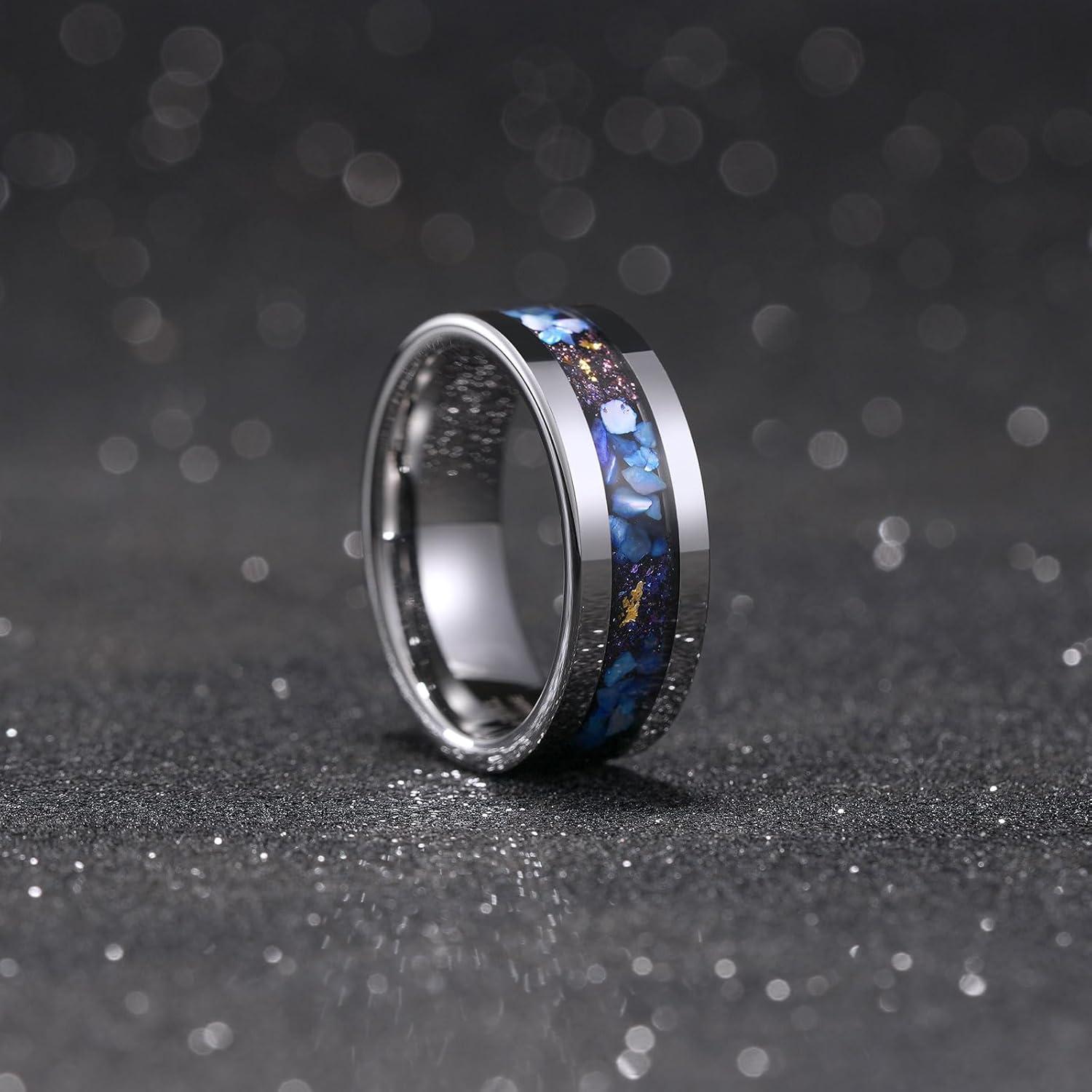 imageKing Will 8mm Silver Hammered Titanium Ring Center Inlaid Wood Wedding Band for Men Hammered Wood Titanium Rings Polish Comfort FitBlue