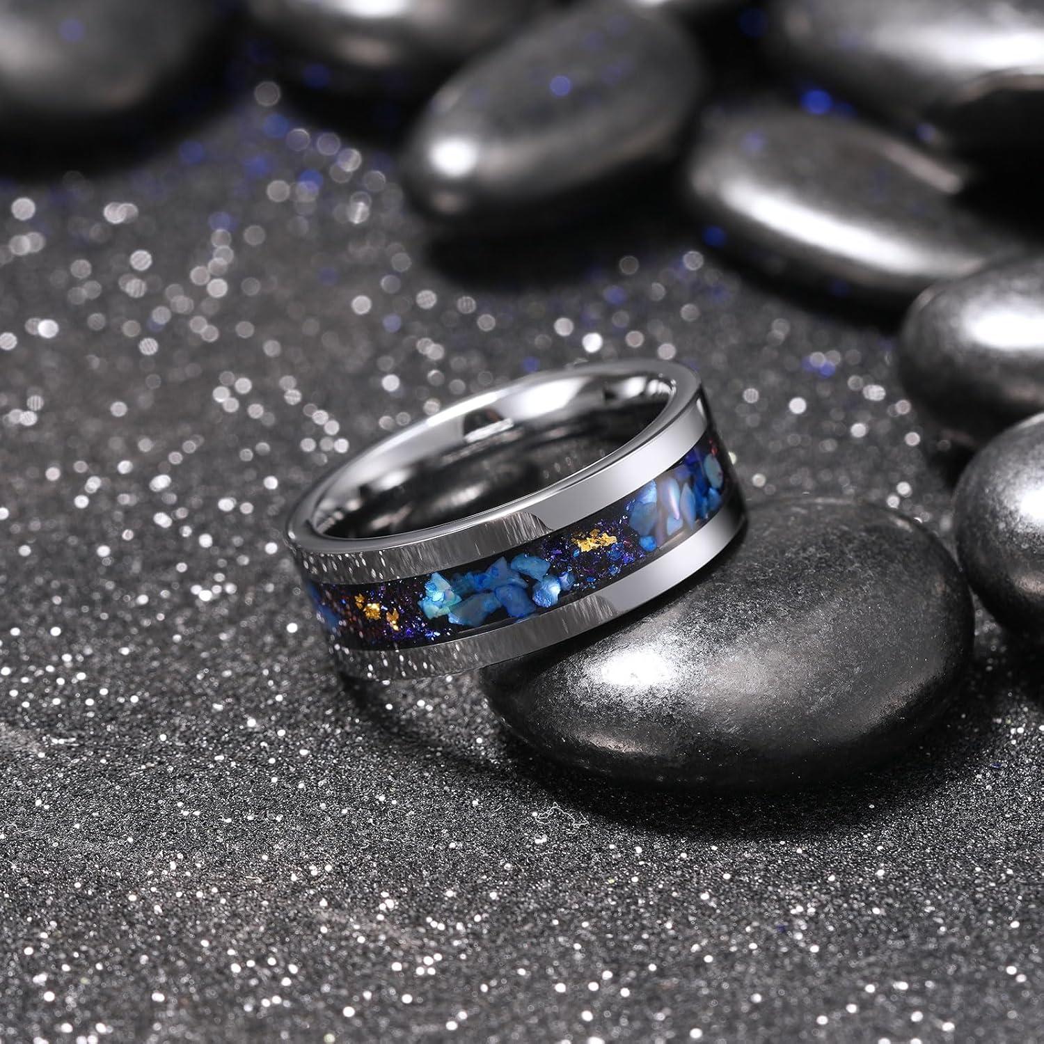 imageKing Will 8mm Silver Hammered Titanium Ring Center Inlaid Wood Wedding Band for Men Hammered Wood Titanium Rings Polish Comfort FitBlue