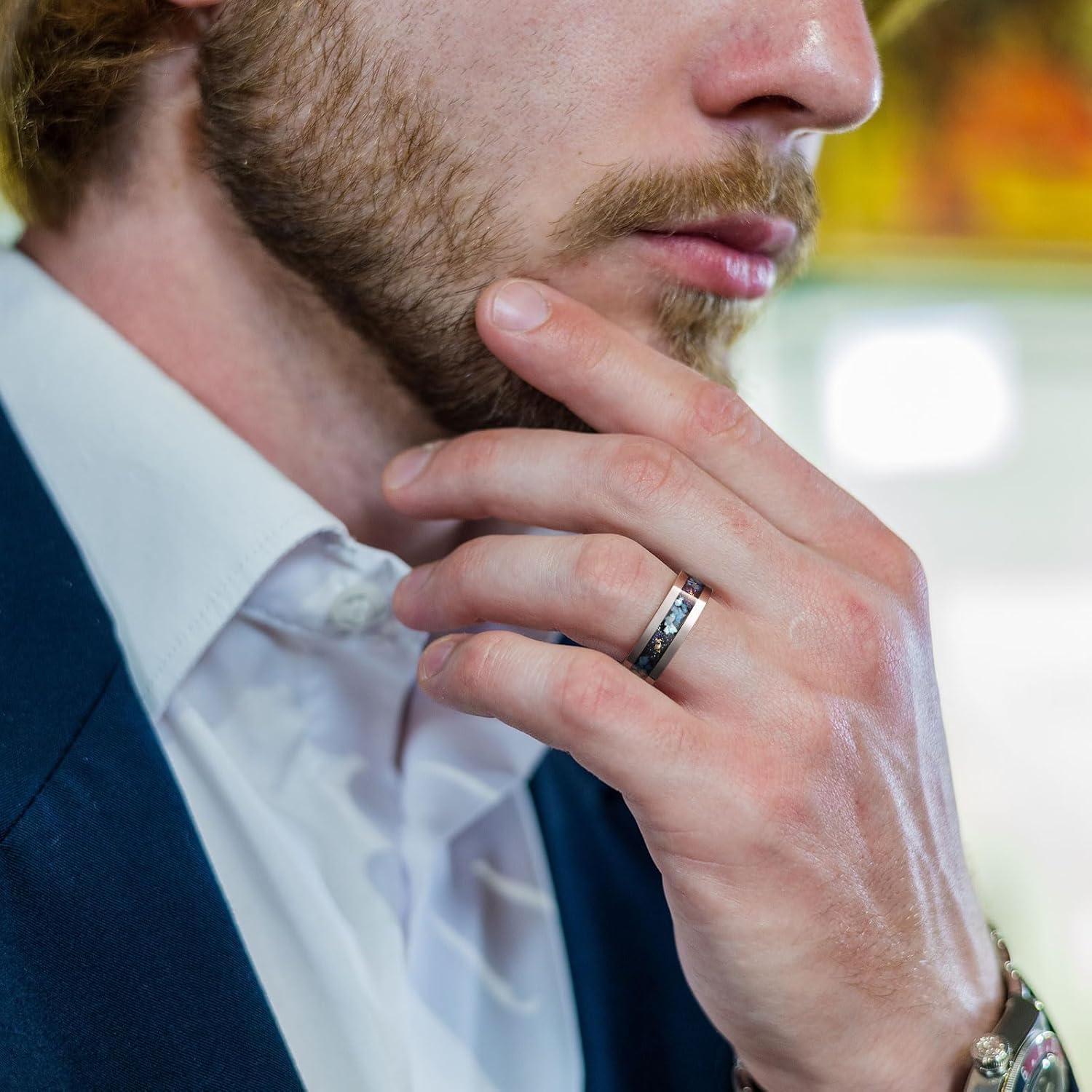 imageKing Will 8mm Silver Hammered Titanium Ring Center Inlaid Wood Wedding Band for Men Hammered Wood Titanium Rings Polish Comfort FitBlue