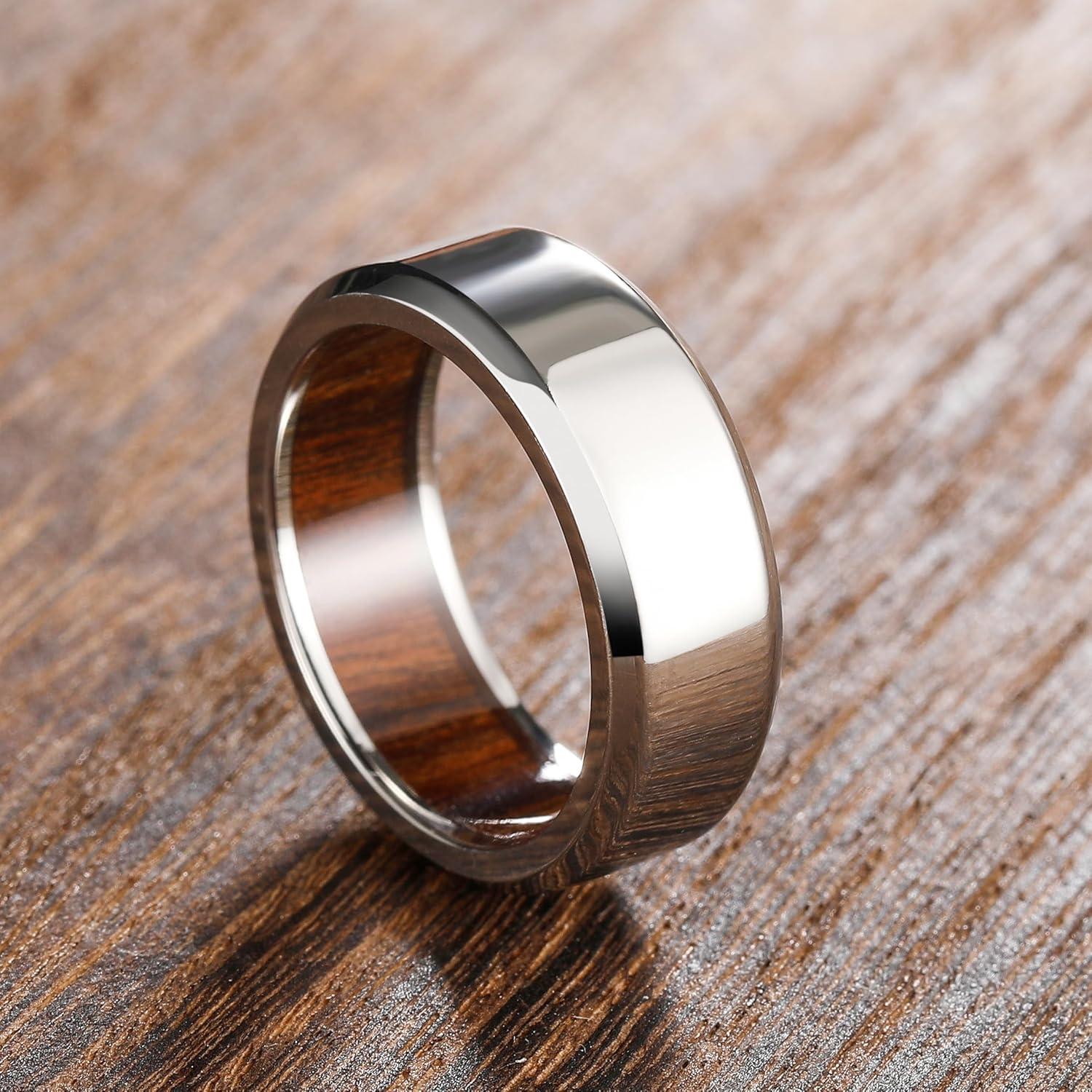 imageKing Will 8mm Silver Titanium Ring Inlaid Wood Inner Hole Wedding Band for Men High Polished Beveled Edge Comfort Fit Size 13