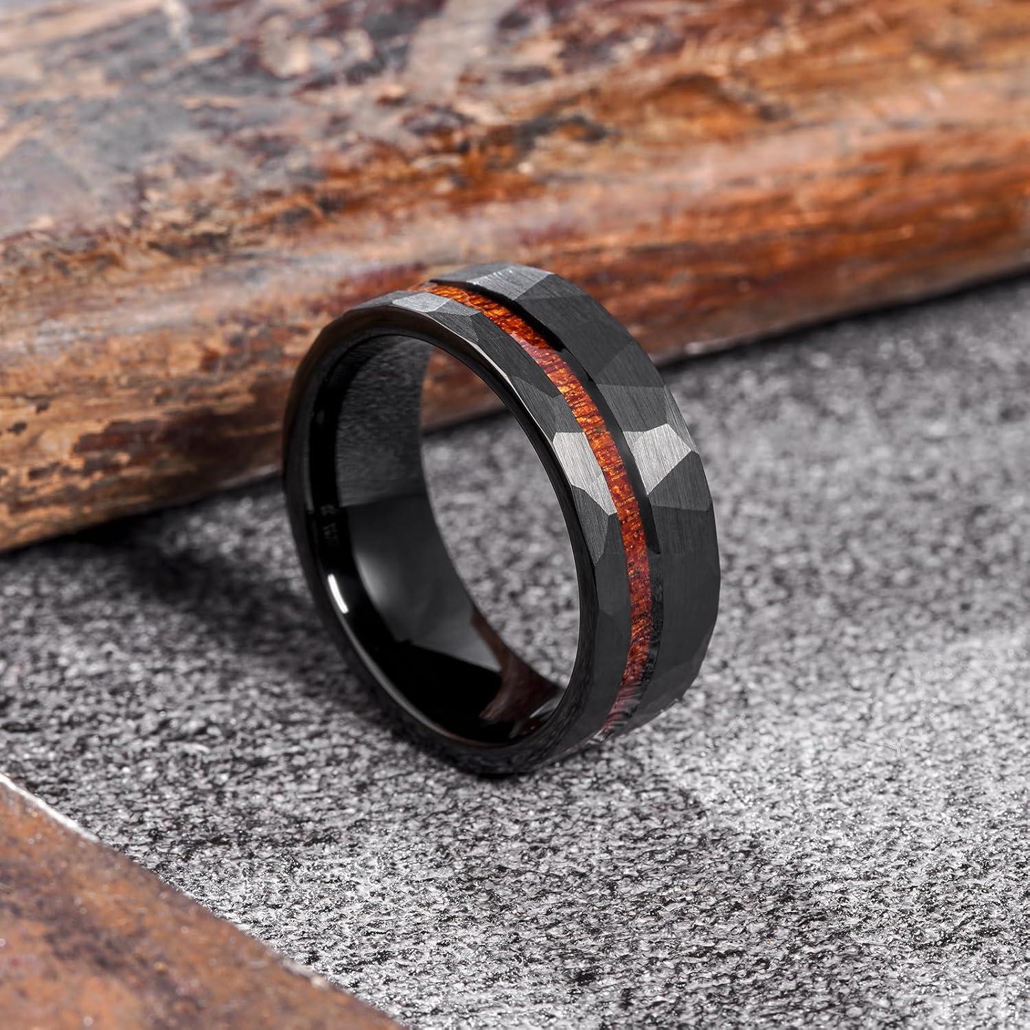 imageKing Will 8mm Tungsten Carbide Opal Rings For Men Black Wedding Band Blue Opal Inlay Brushed Hammered Promise Rings Comfort Fit Size 714BlackWood