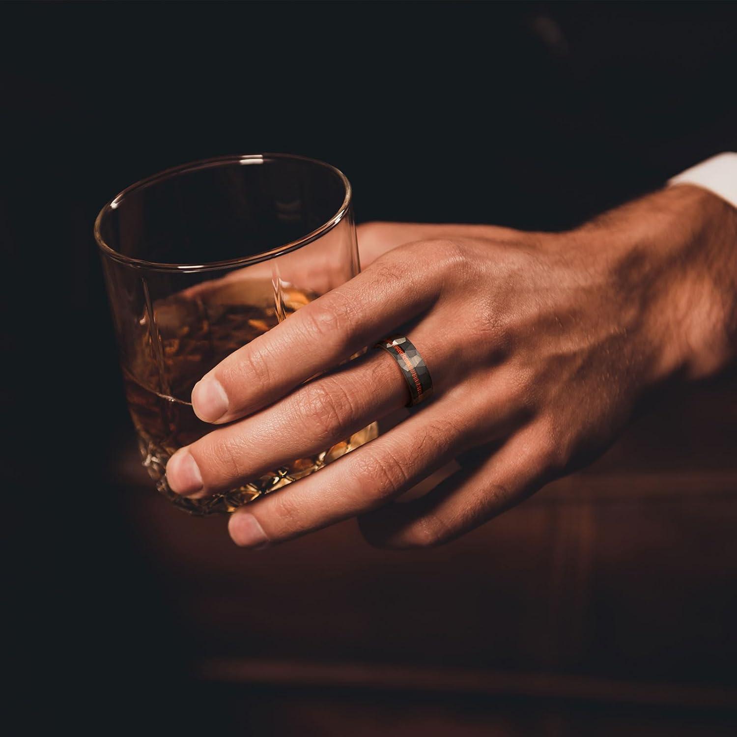 imageKing Will 8mm Tungsten Carbide Opal Rings For Men Black Wedding Band Blue Opal Inlay Brushed Hammered Promise Rings Comfort Fit Size 714BlackWood