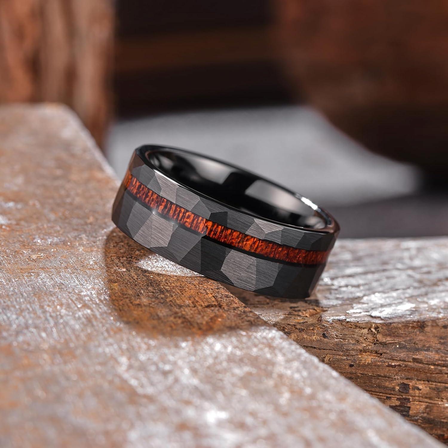 imageKing Will 8mm Tungsten Carbide Opal Rings For Men Black Wedding Band Blue Opal Inlay Brushed Hammered Promise Rings Comfort Fit Size 714BlackWood