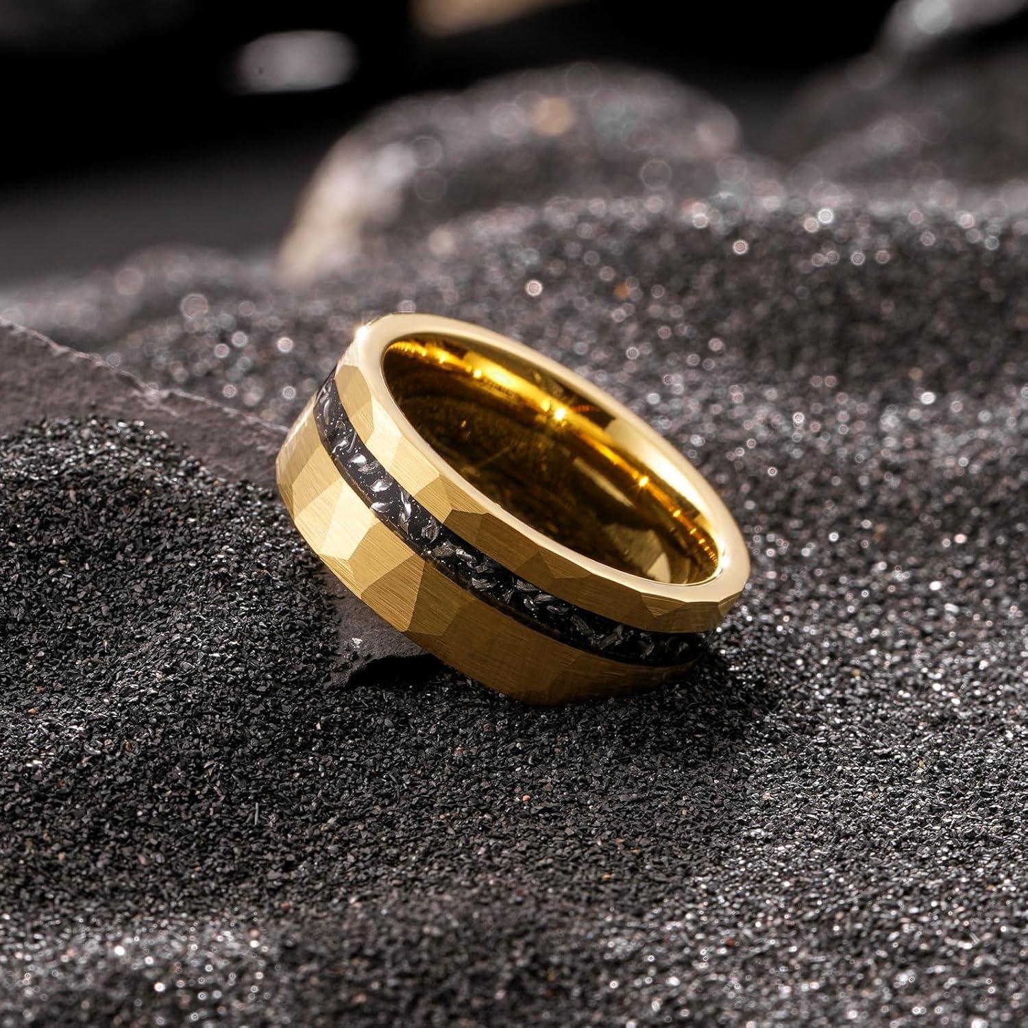 imageKing Will 8mm Tungsten Carbide Opal Rings For Men Black Wedding Band Blue Opal Inlay Brushed Hammered Promise Rings Comfort Fit Size 714GoldBlack