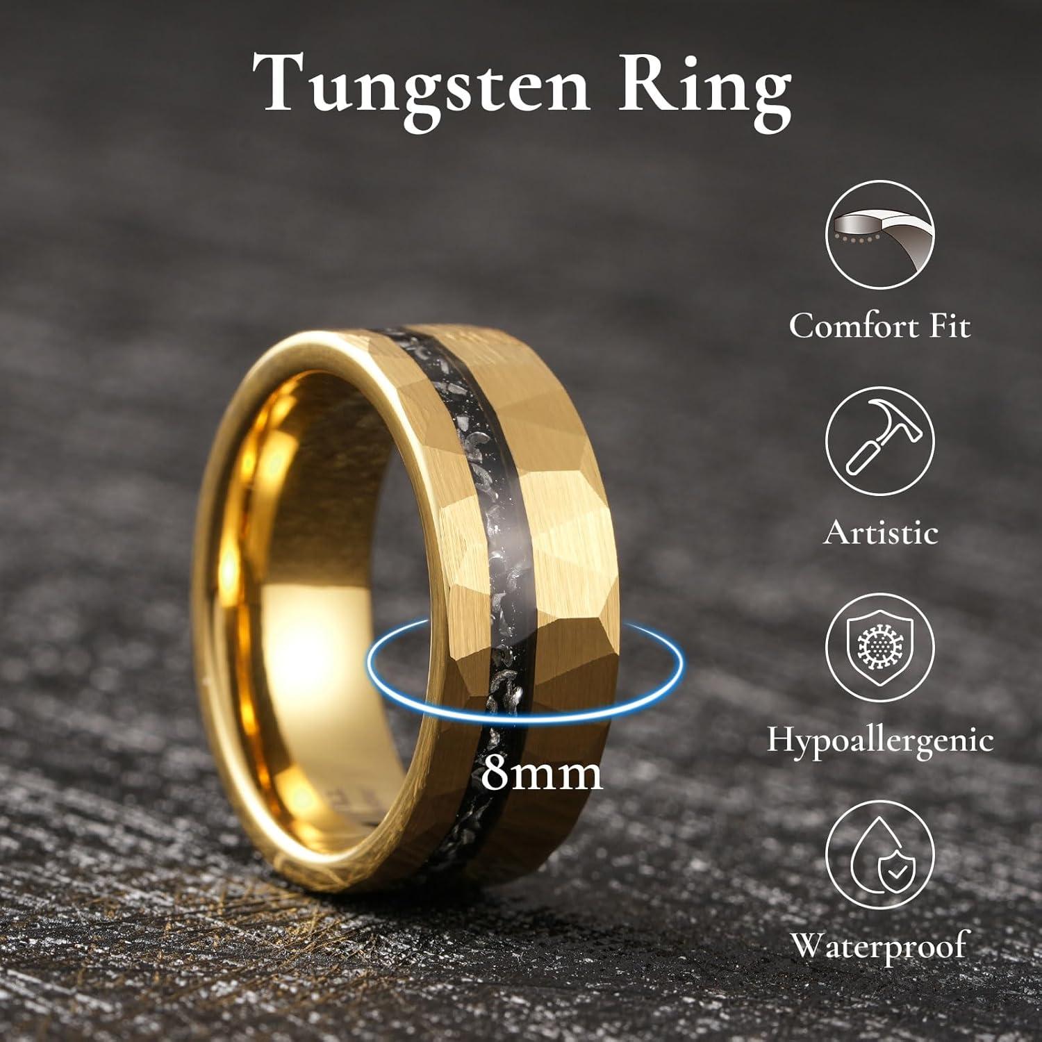 imageKing Will 8mm Tungsten Carbide Opal Rings For Men Black Wedding Band Blue Opal Inlay Brushed Hammered Promise Rings Comfort Fit Size 714GoldBlack