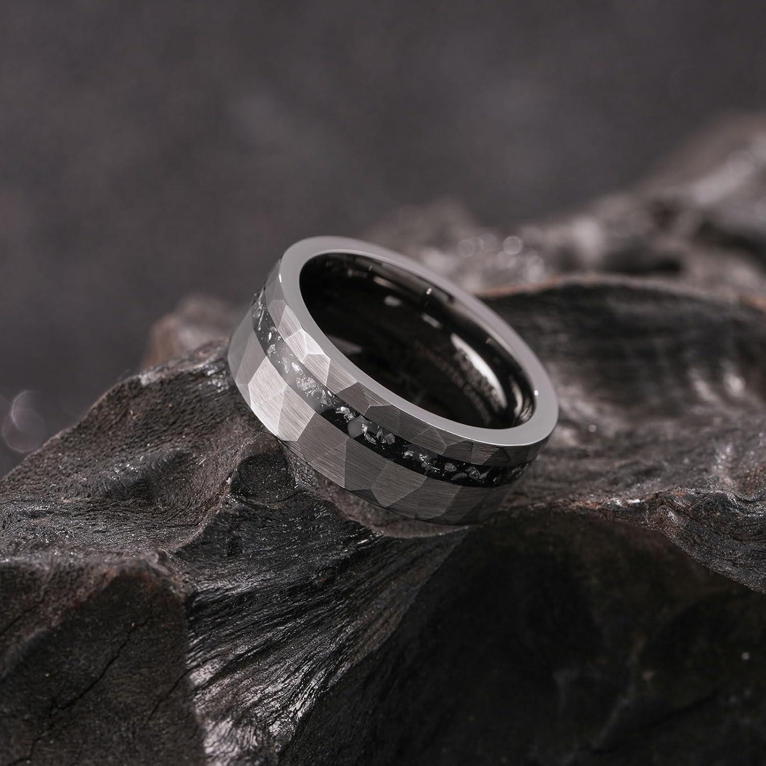 imageKing Will 8mm Tungsten Carbide Opal Rings For Men Black Wedding Band Blue Opal Inlay Brushed Hammered Promise Rings Comfort Fit Size 714Gunmetal