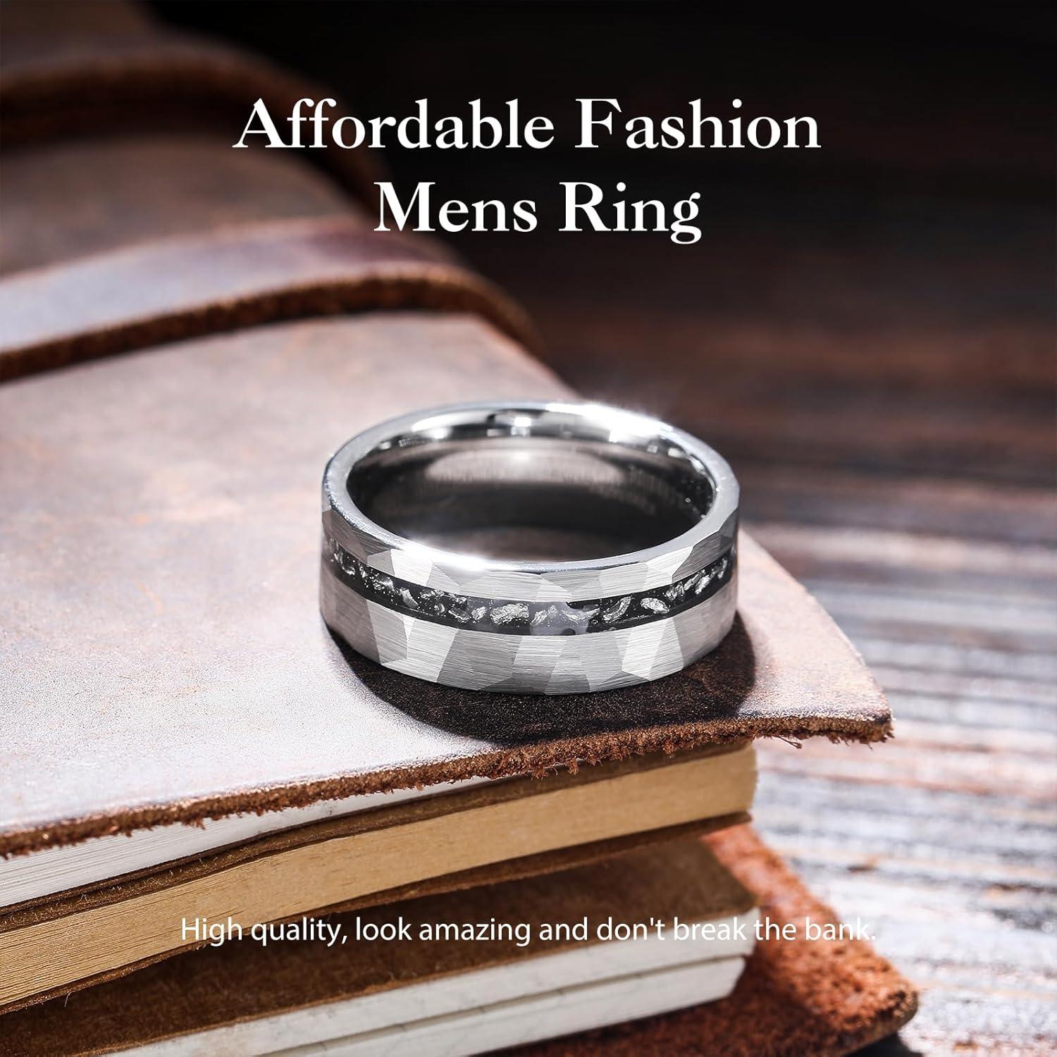 imageKing Will 8mm Tungsten Carbide Opal Rings For Men Black Wedding Band Blue Opal Inlay Brushed Hammered Promise Rings Comfort Fit Size 714Silver