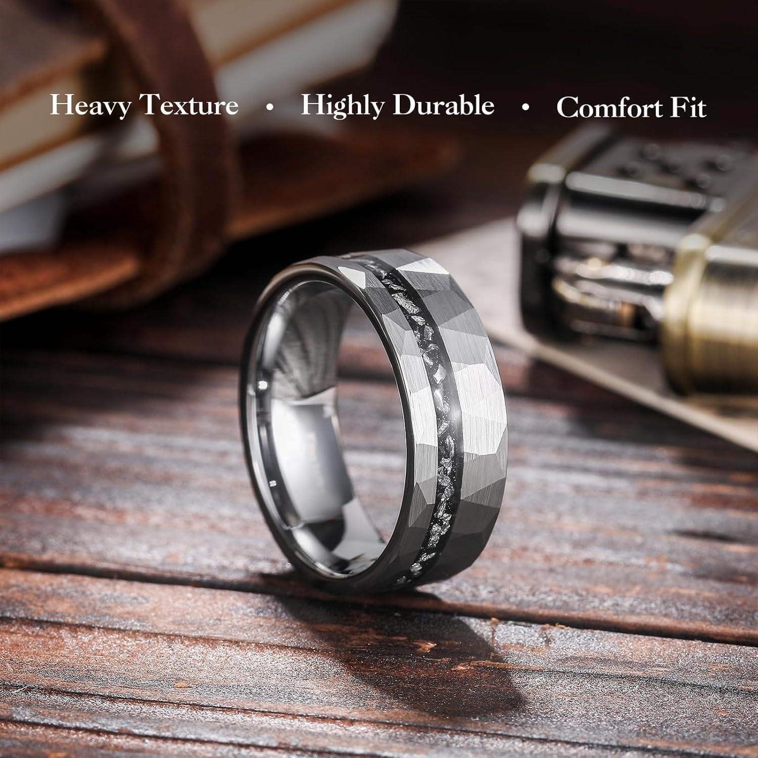 imageKing Will 8mm Tungsten Carbide Opal Rings For Men Black Wedding Band Blue Opal Inlay Brushed Hammered Promise Rings Comfort Fit Size 714Silver