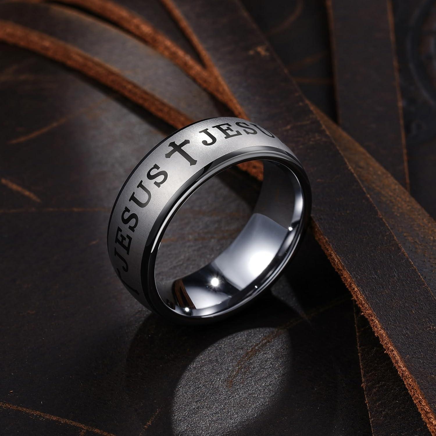 imageKing Will 8mm Tungsten Rings for Men Lords Prayer Engraved Mens Cross Ring Vintage Religious Band Polished BrushedSilver Cross Runes Engraved