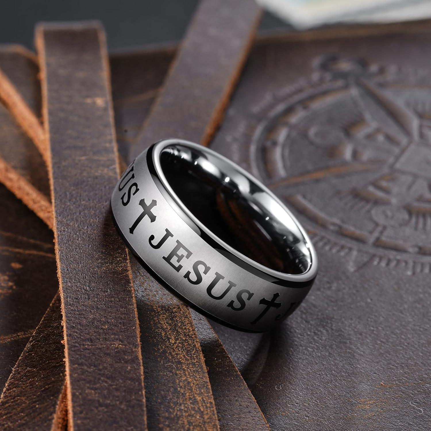 imageKing Will 8mm Tungsten Rings for Men Lords Prayer Engraved Mens Cross Ring Vintage Religious Band Polished BrushedSilver Cross Runes Engraved