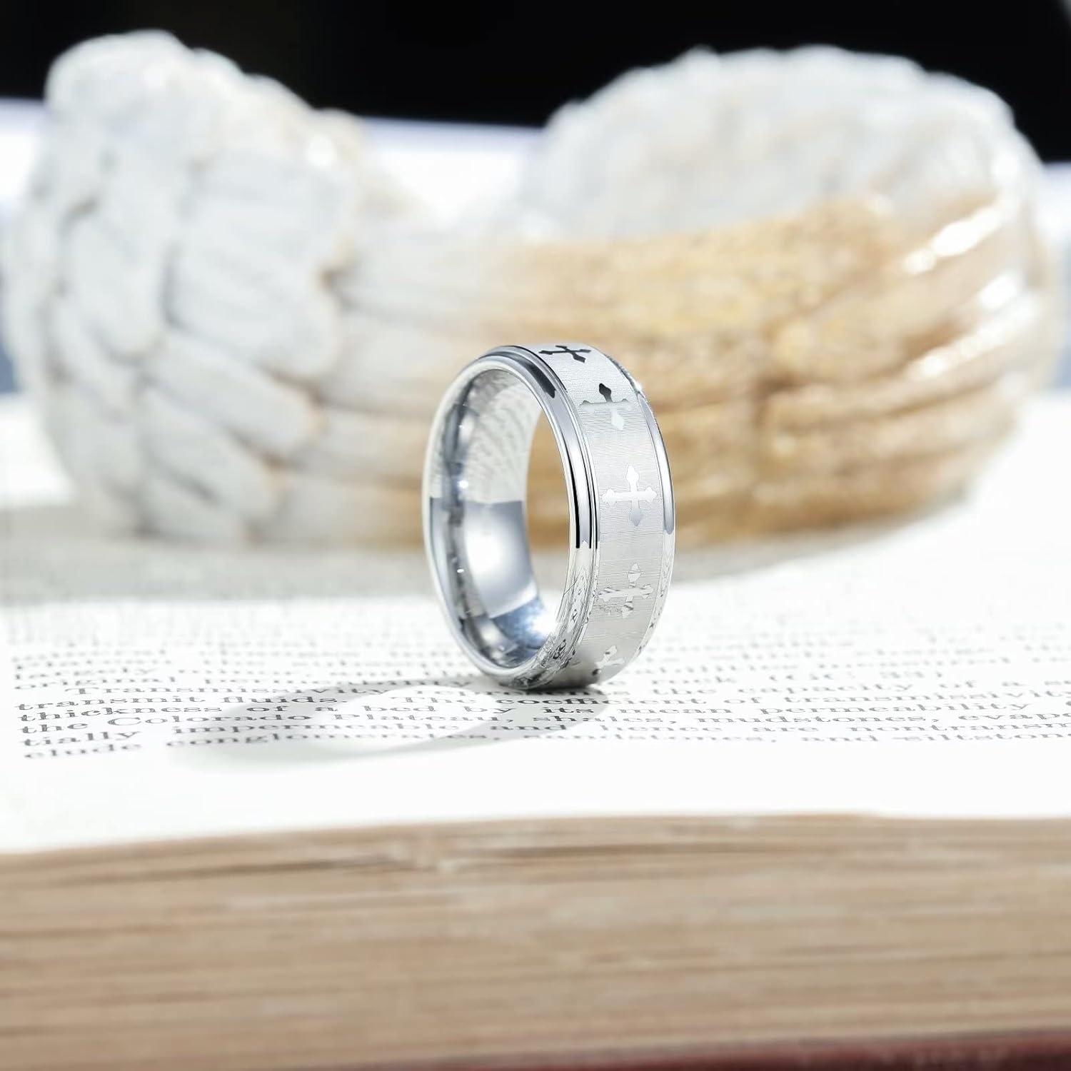 imageKing Will 8mm Tungsten Rings for Men Lords Prayer Engraved Mens Cross Ring Vintage Religious Band Polished Brushedsilver