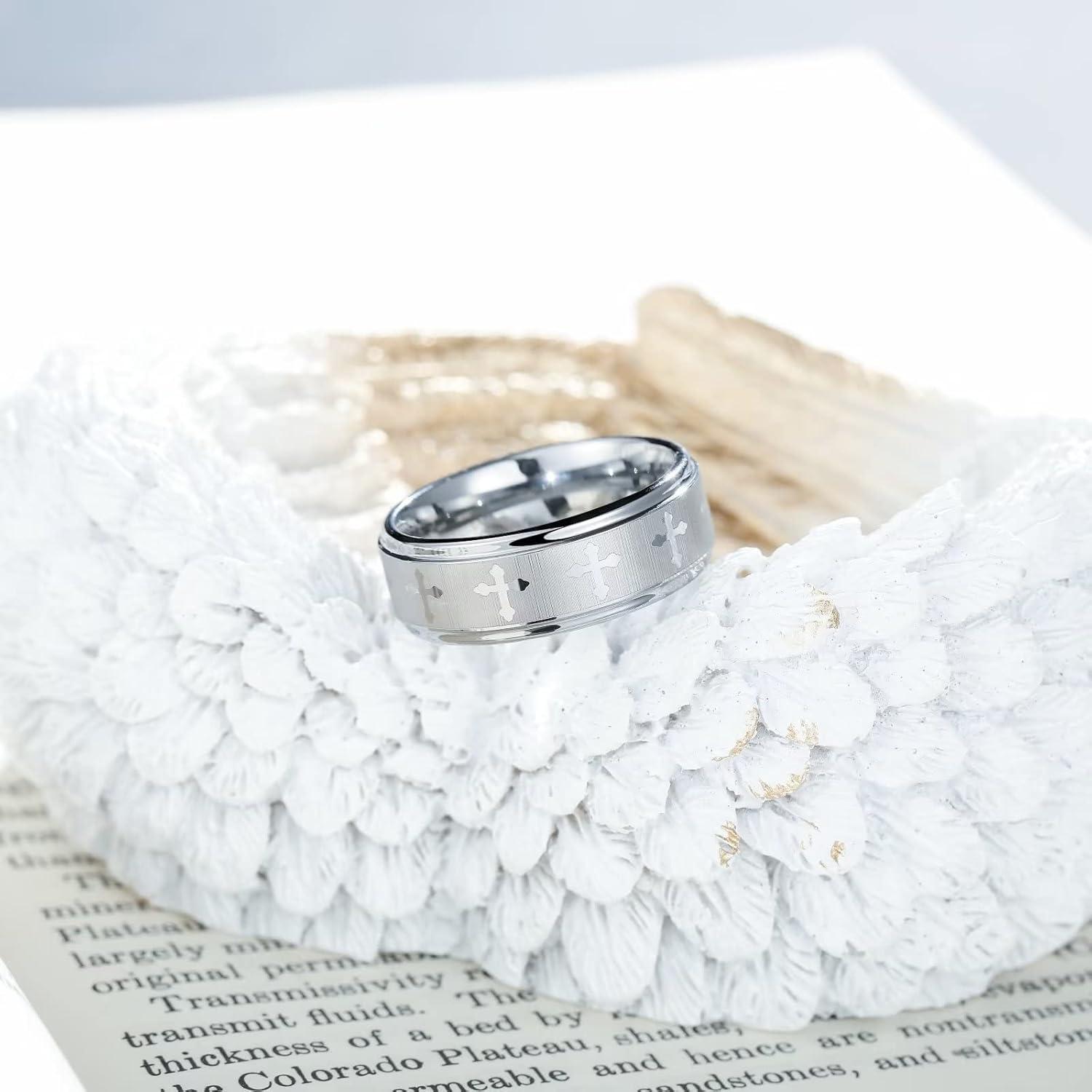 imageKing Will 8mm Tungsten Rings for Men Lords Prayer Engraved Mens Cross Ring Vintage Religious Band Polished Brushedsilver