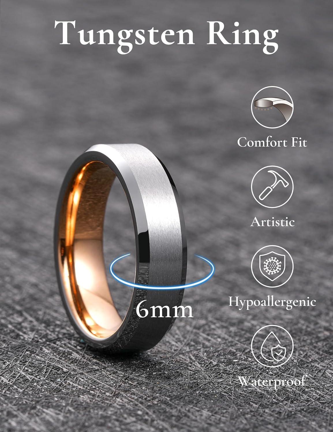 imageKing Will Basic Unisex SilverBlackBlueRose GoldGoldPurple Tungsten Carbide Matte Polished Finish Wedding Beveled Edge Engagement Band Ring for Men Women6mm Silver Rose Gold