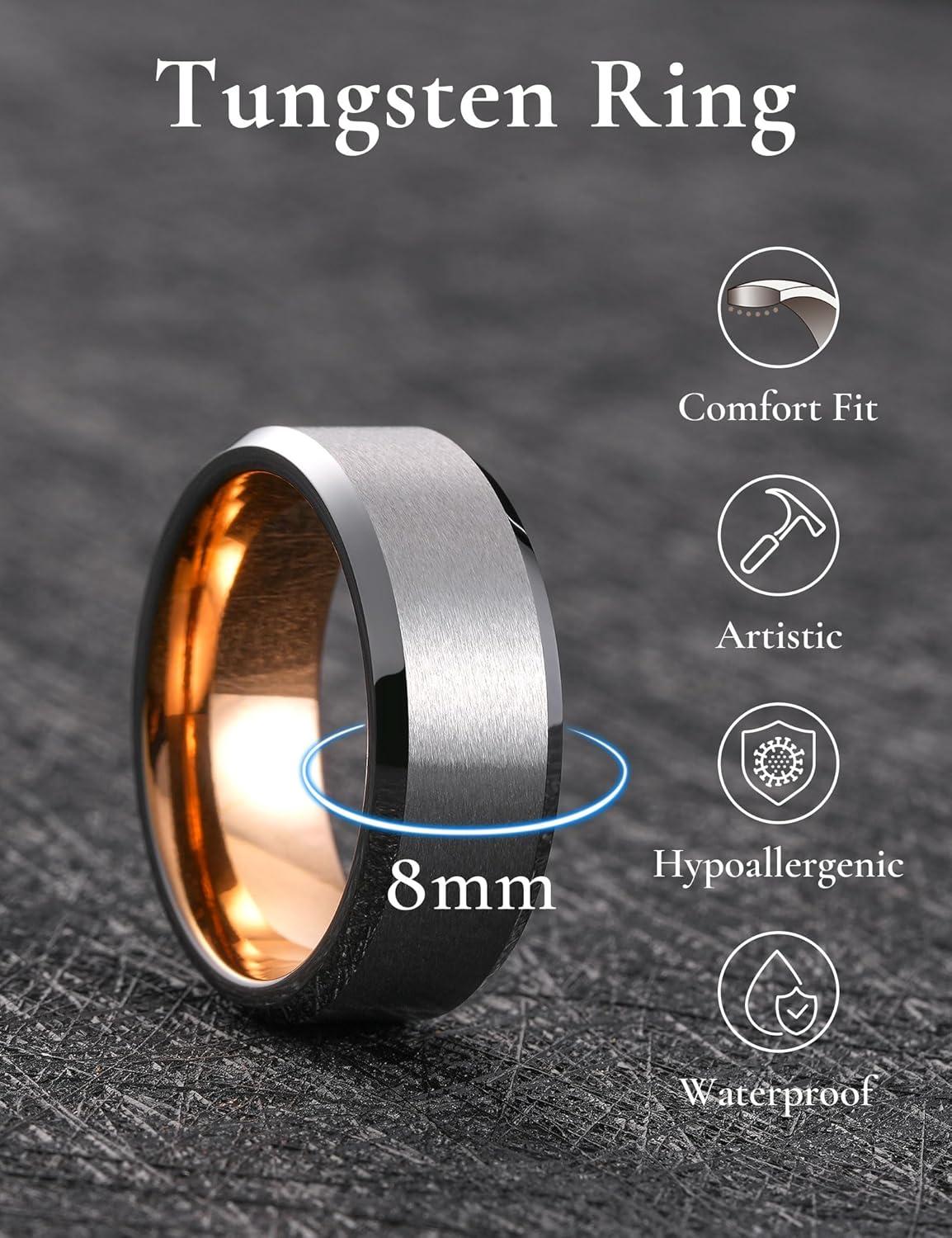 imageKing Will Basic Unisex SilverBlackBlueRose GoldGoldPurple Tungsten Carbide Matte Polished Finish Wedding Beveled Edge Engagement Band Ring for Men Women8mm Silver Rose Gold