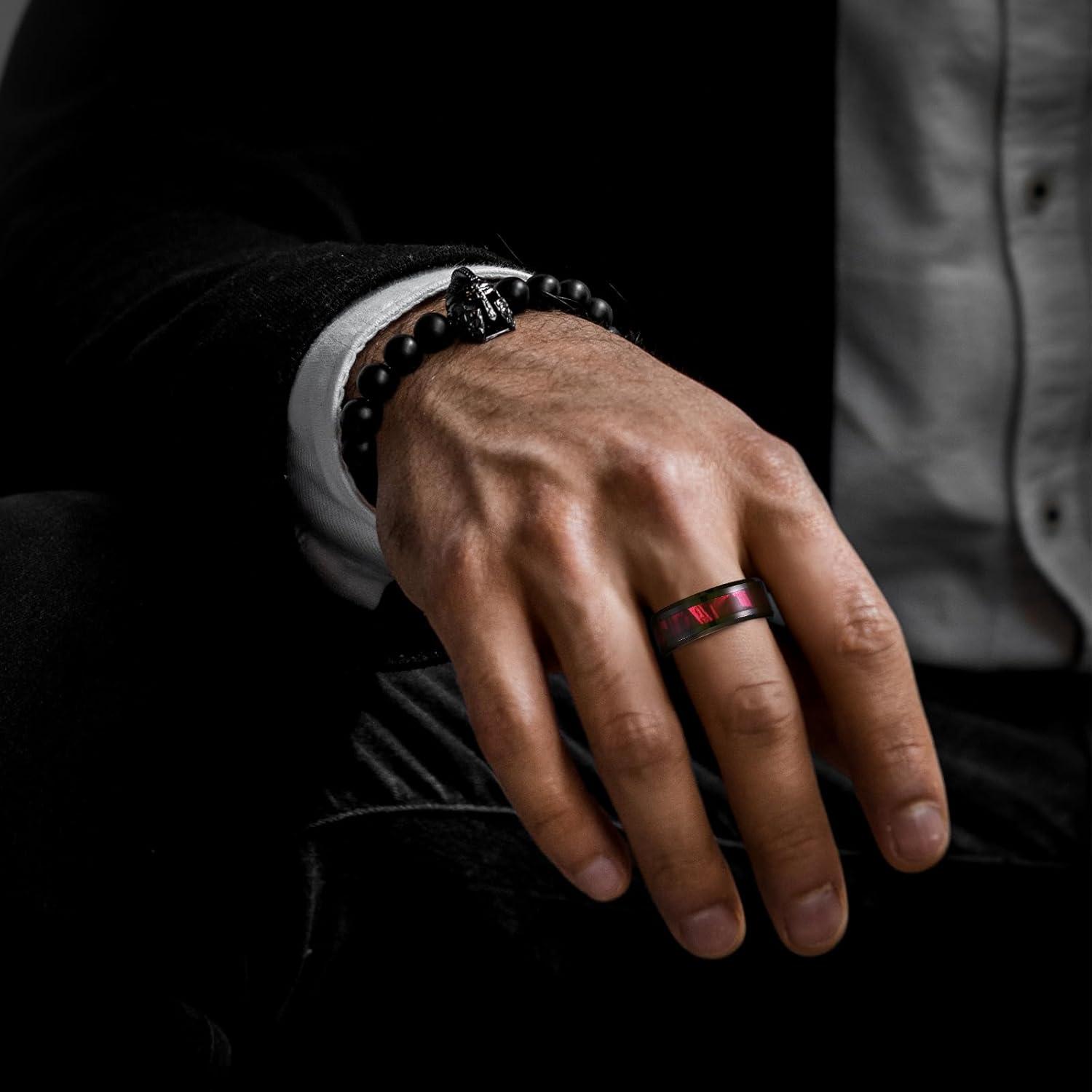 imageKing Will Black Tungsten Wedding Band For Men 8mm Promise Ring Inlay Red Twill PatternColorful Wood Chips High Polished Beveled Edge Suitable For Daily Wear Comfort Fit Size 714BlackRed