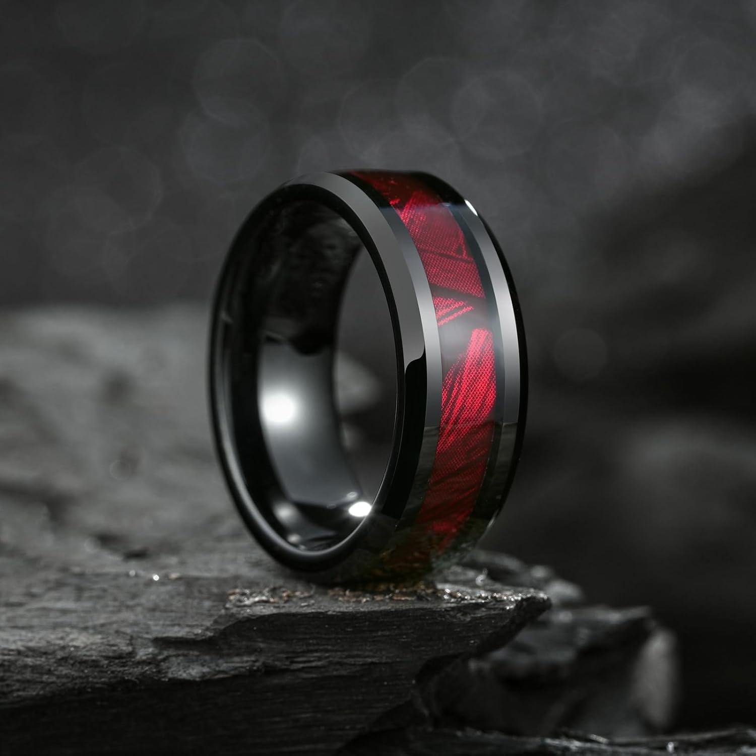 imageKing Will Black Tungsten Wedding Band For Men 8mm Promise Ring Inlay Red Twill PatternColorful Wood Chips High Polished Beveled Edge Suitable For Daily Wear Comfort Fit Size 714BlackRed