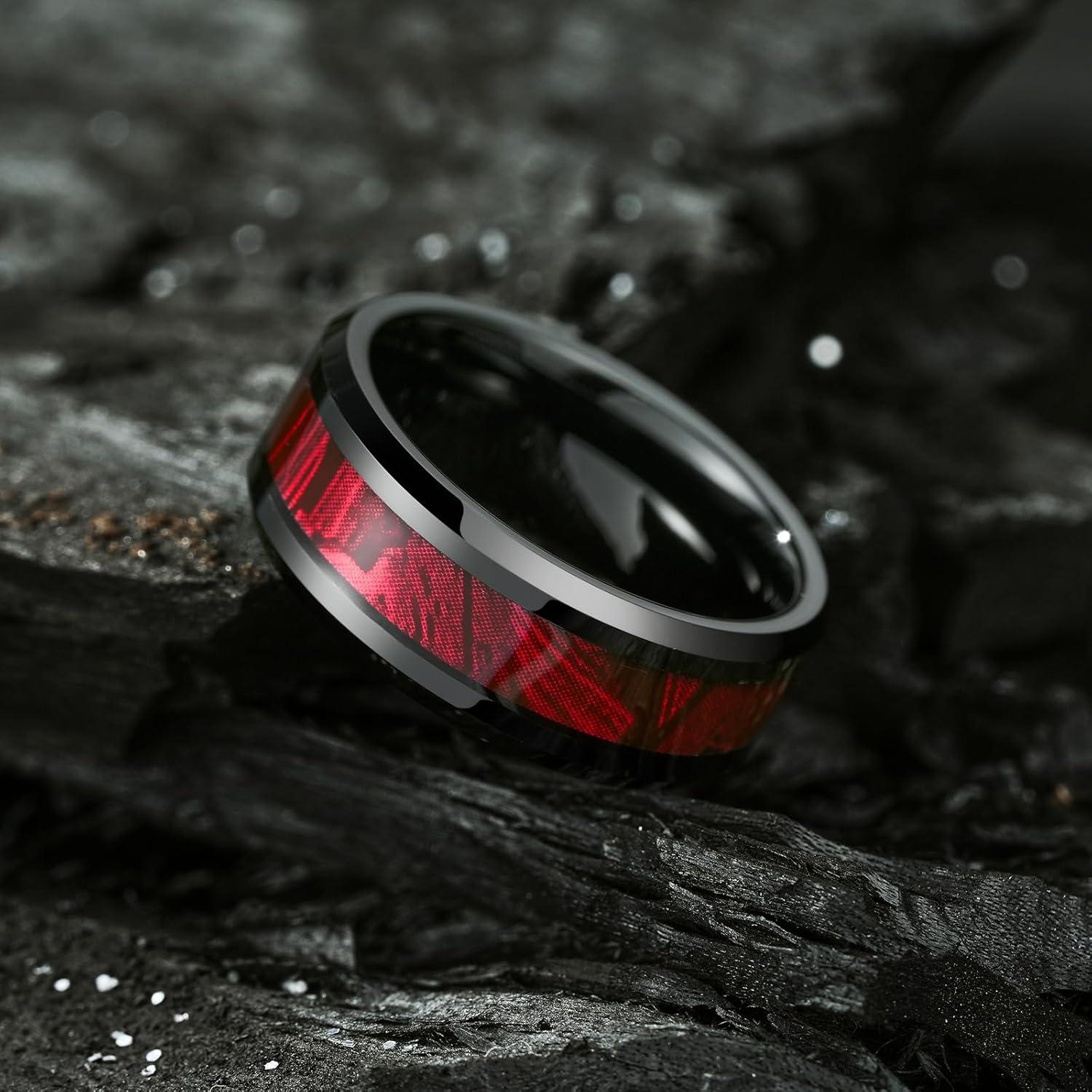 imageKing Will Black Tungsten Wedding Band For Men 8mm Promise Ring Inlay Red Twill PatternColorful Wood Chips High Polished Beveled Edge Suitable For Daily Wear Comfort Fit Size 714BlackRed